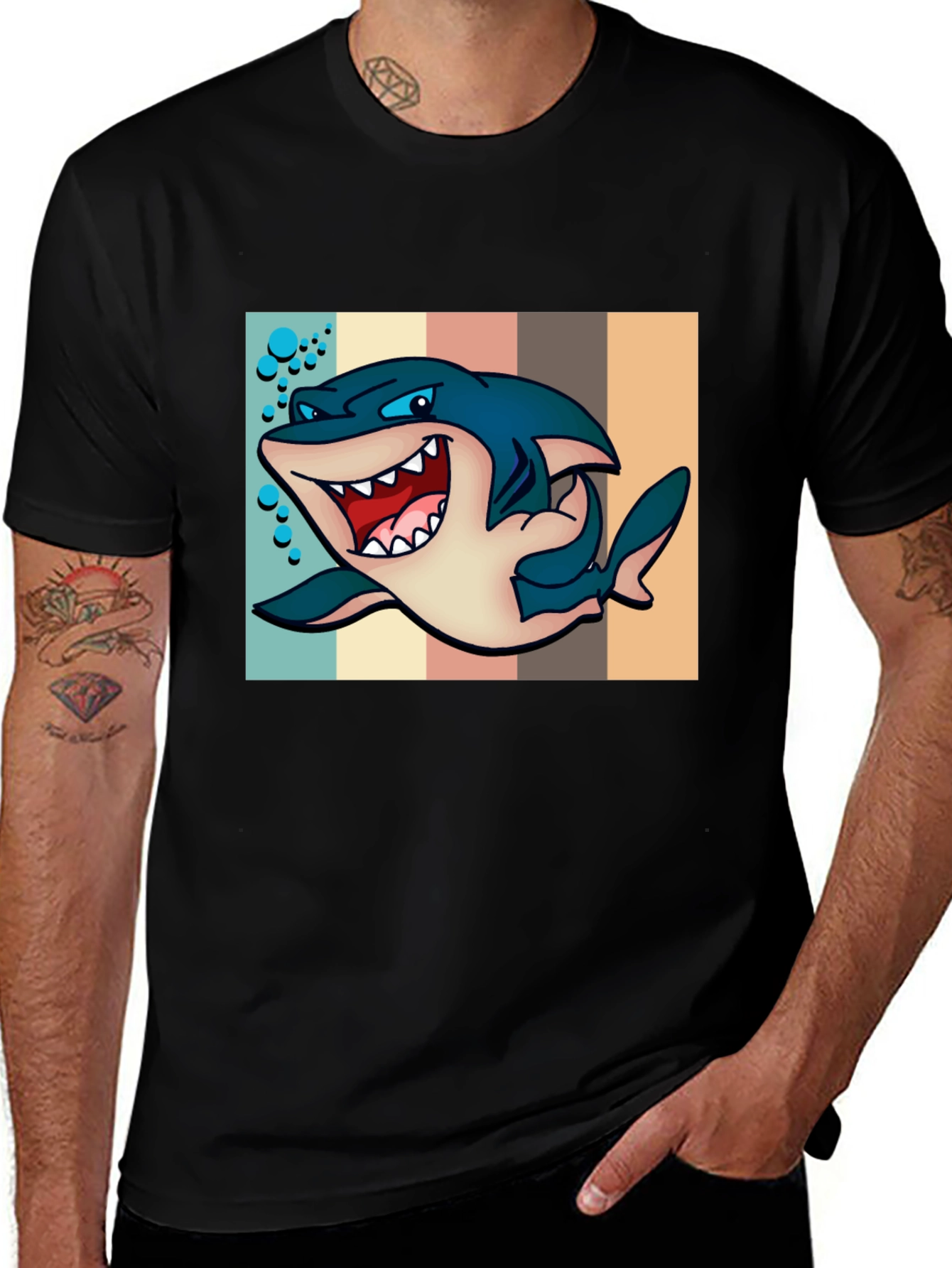 Variant 11 of Cartoon Shark Graphic Tee - Men's Black T-Shirt