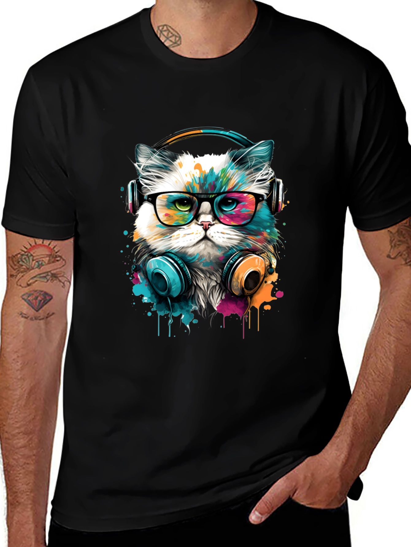 Variant 15 of Cool Cat DJ Graphic Tee - Black Cotton Comfort