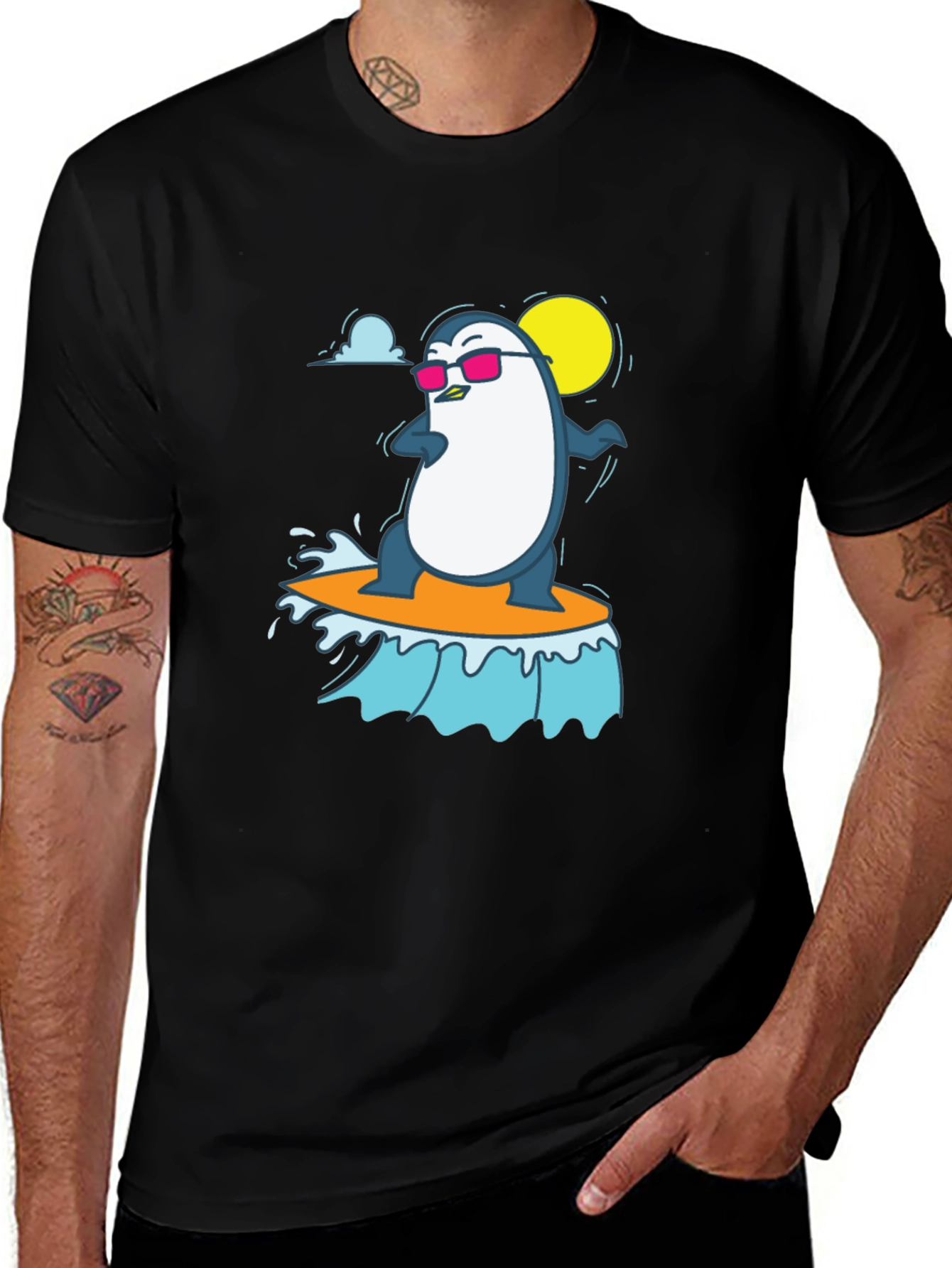 Variant 22 of Cool Surfing Penguin Graphic Tee - Black T-Shirt
