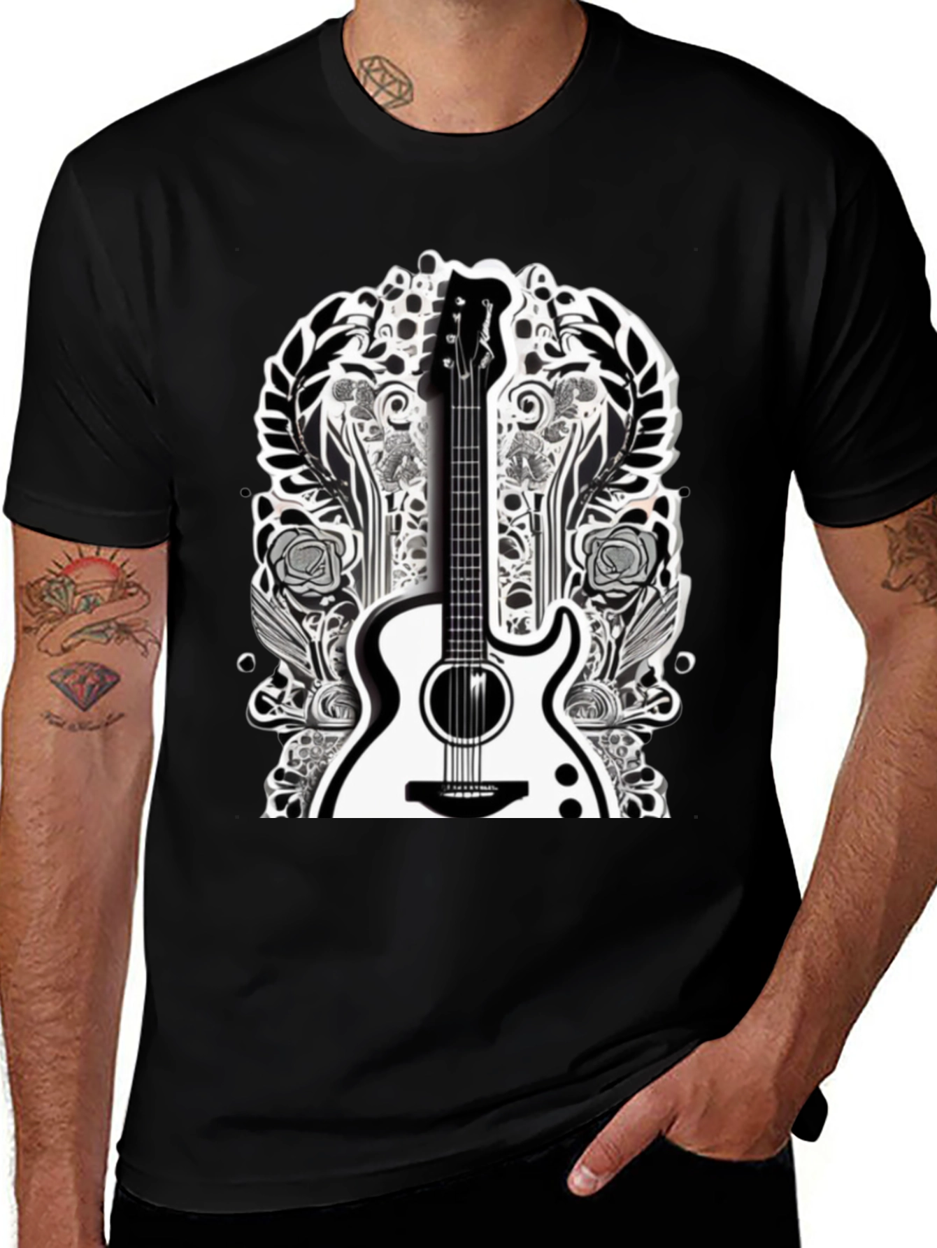 Variant 20 of Guitar Floral Graphic Tee - Black