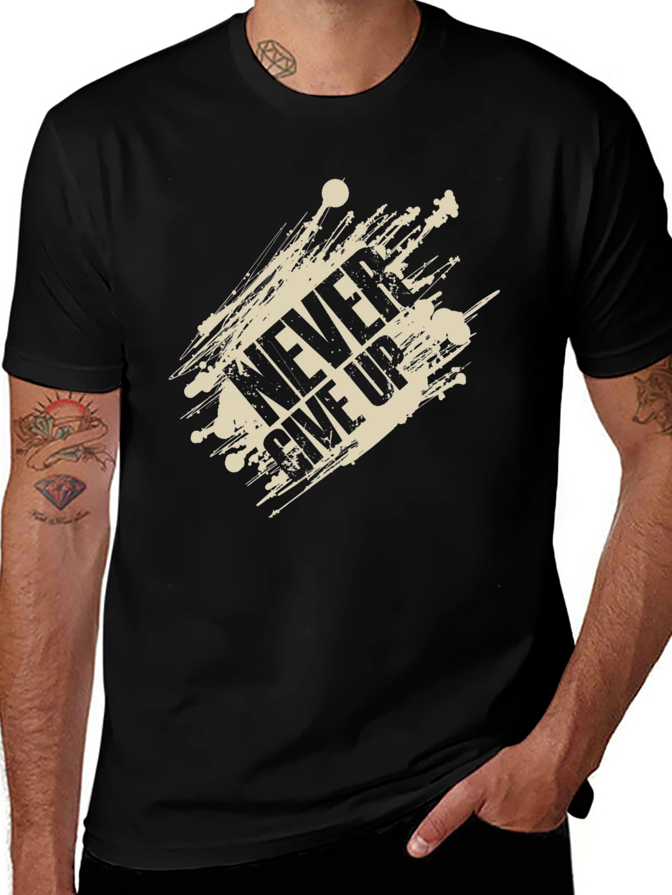 Variant 16 of Men's 'Never Give Up' Graphic Print Black T-Shirt