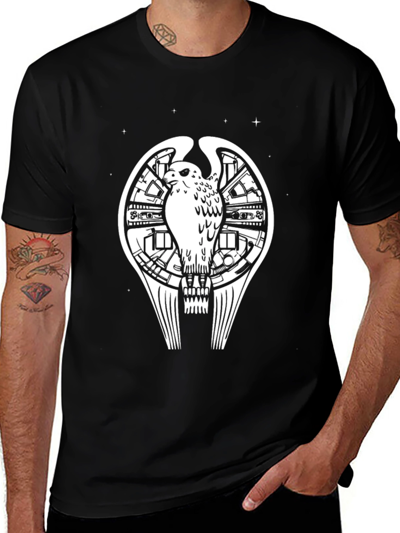 Variant 10 of Sci-Fi Bird Graphic Tee - Black Cotton T-Shirt