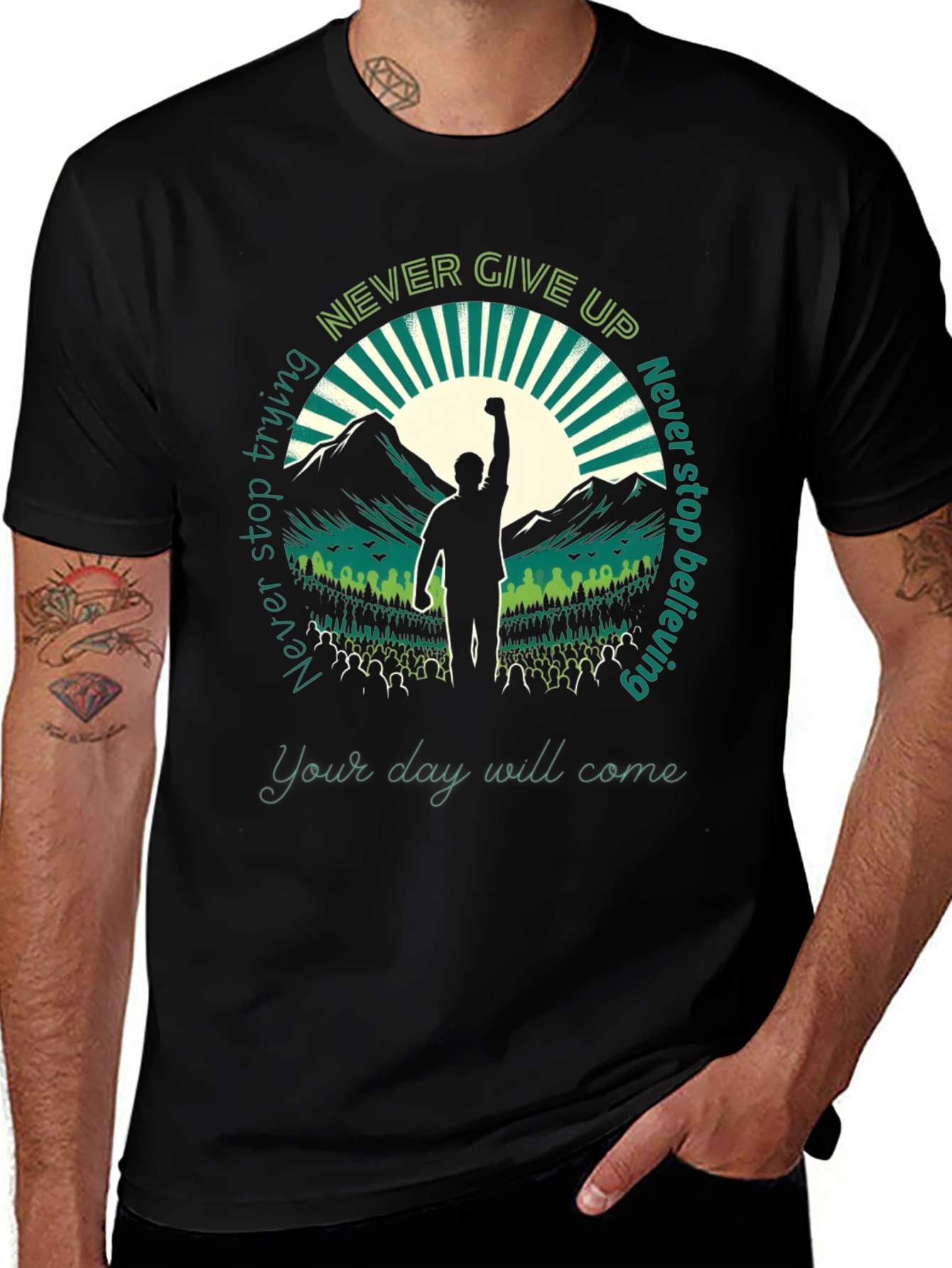 Motivational 'Never Give Up' Graphic T-Shirt