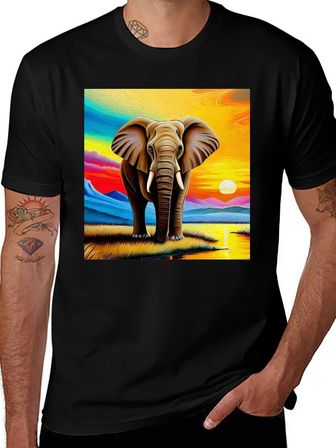 Variant 8 of Elephant Sunset Graphic Tee - Black Cotton T-Shirt