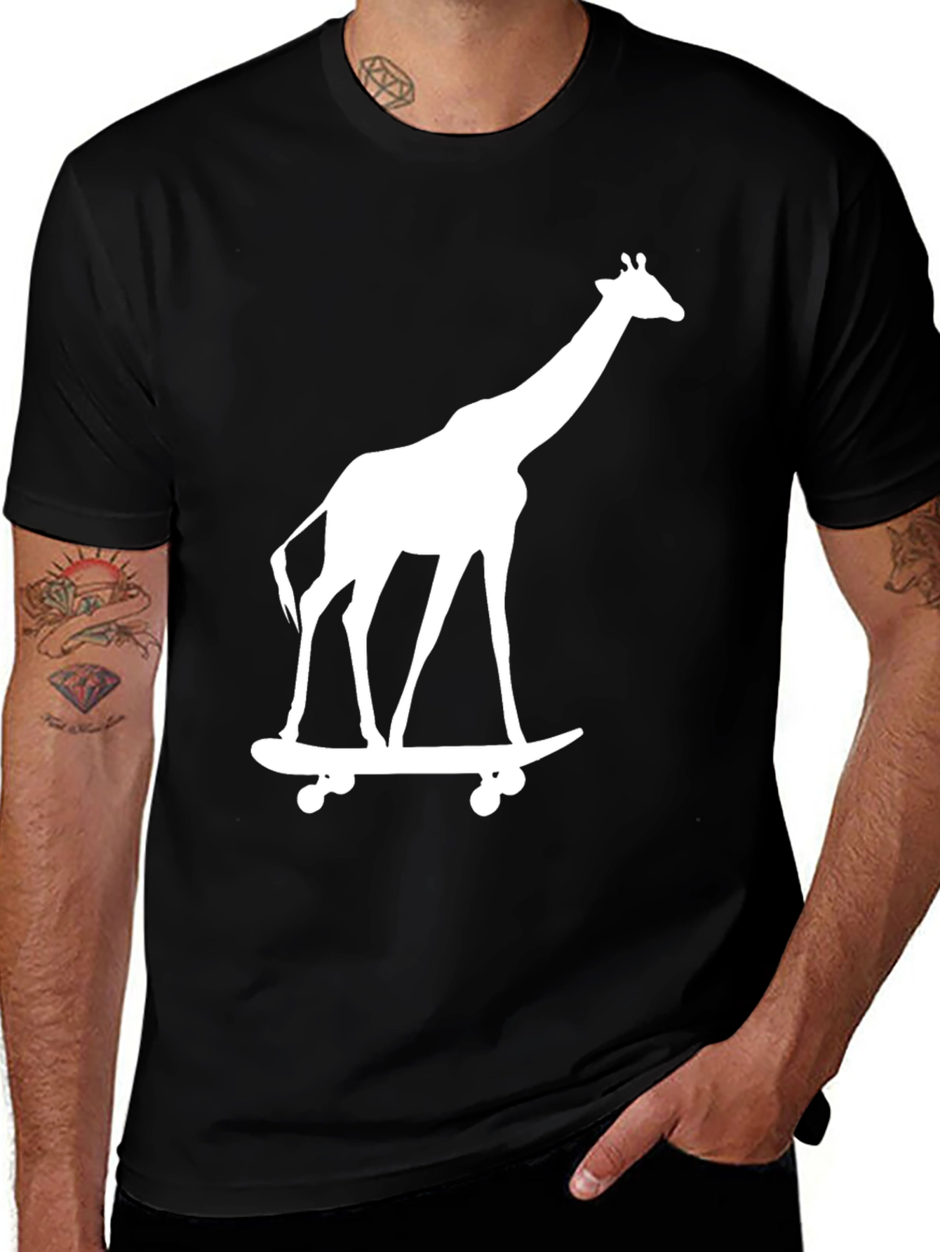 Variant 10 of Giraffe on Skateboard Graphic Tee - Black Cotton T-Shirt