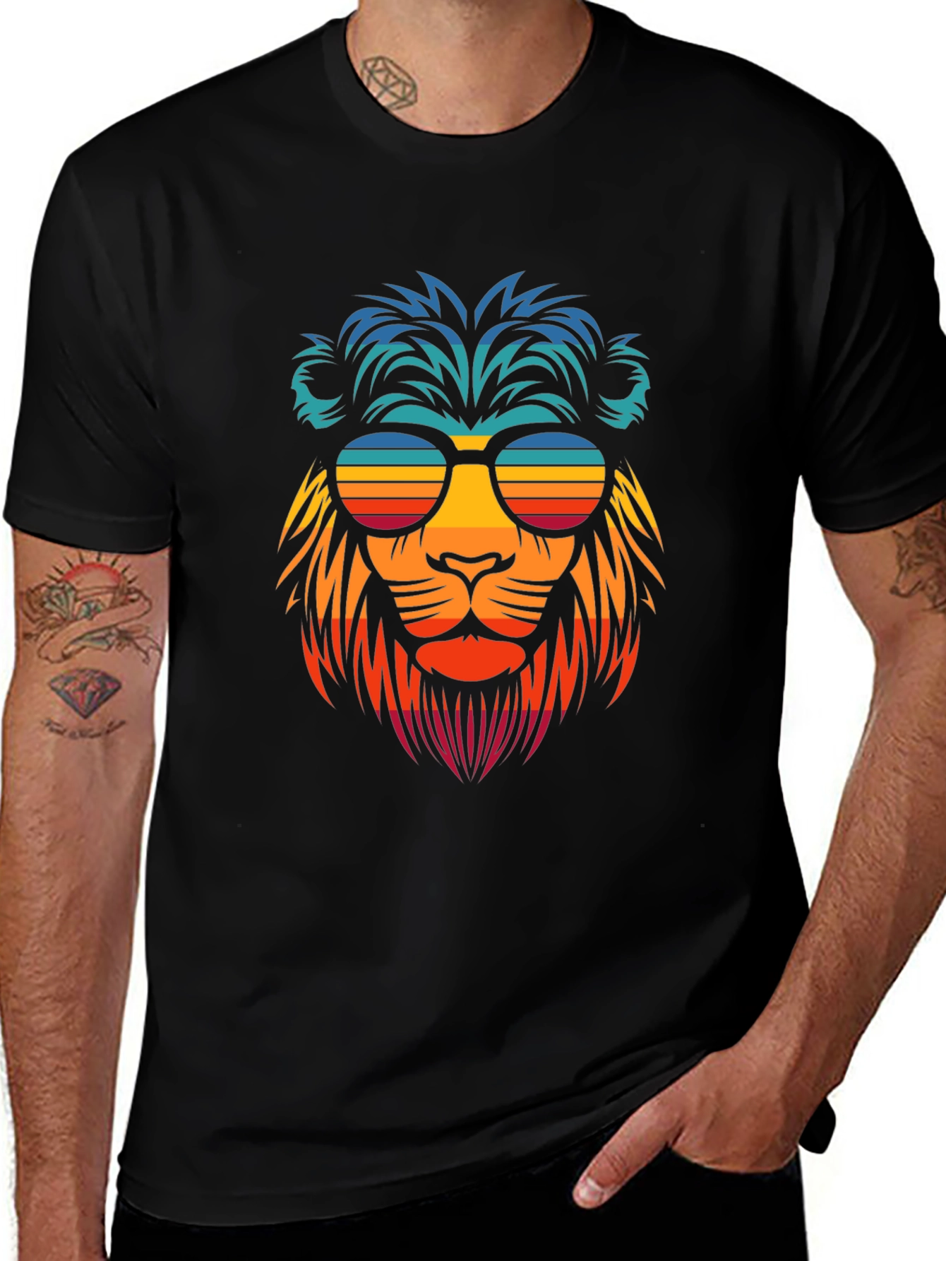 Cool Lion Graphic Tee - Retro Sunset Sunglasses