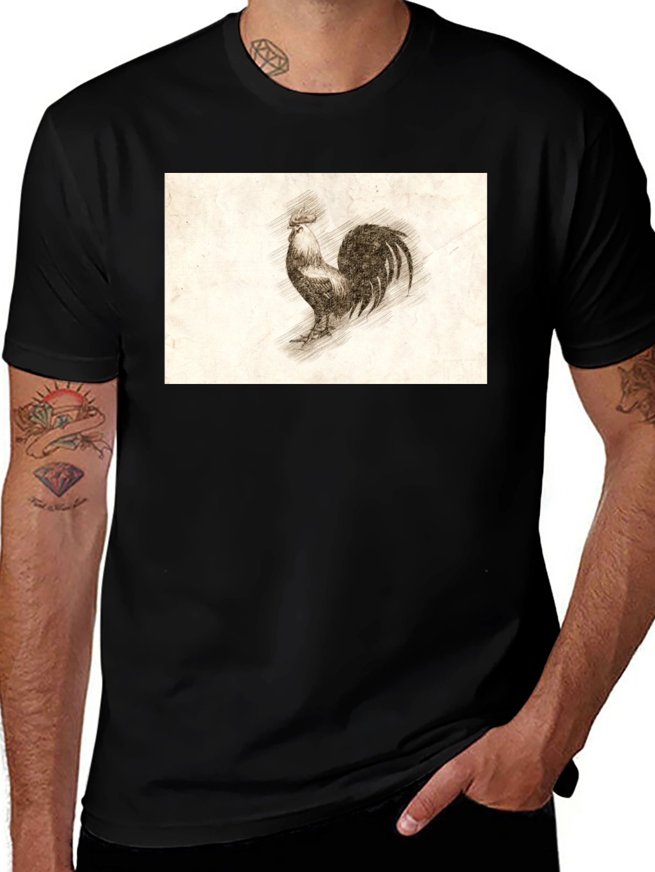 Variant 16 of Vintage Rooster Sketch Graphic Tee - Black Cotton Blend