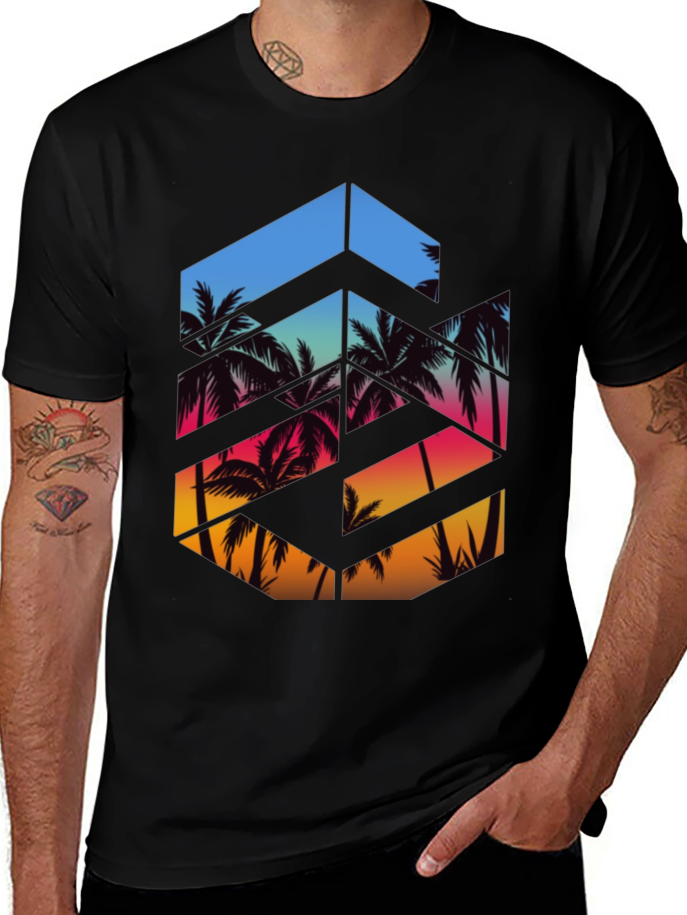 Variant 14 of Tropical Palm Tree Sunset Graphic Tee - Stylish Men's T-Shirt