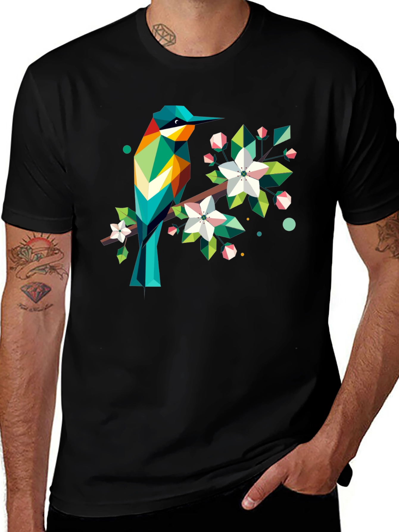Variant 13 of Geometric Bird Print Black T-Shirt