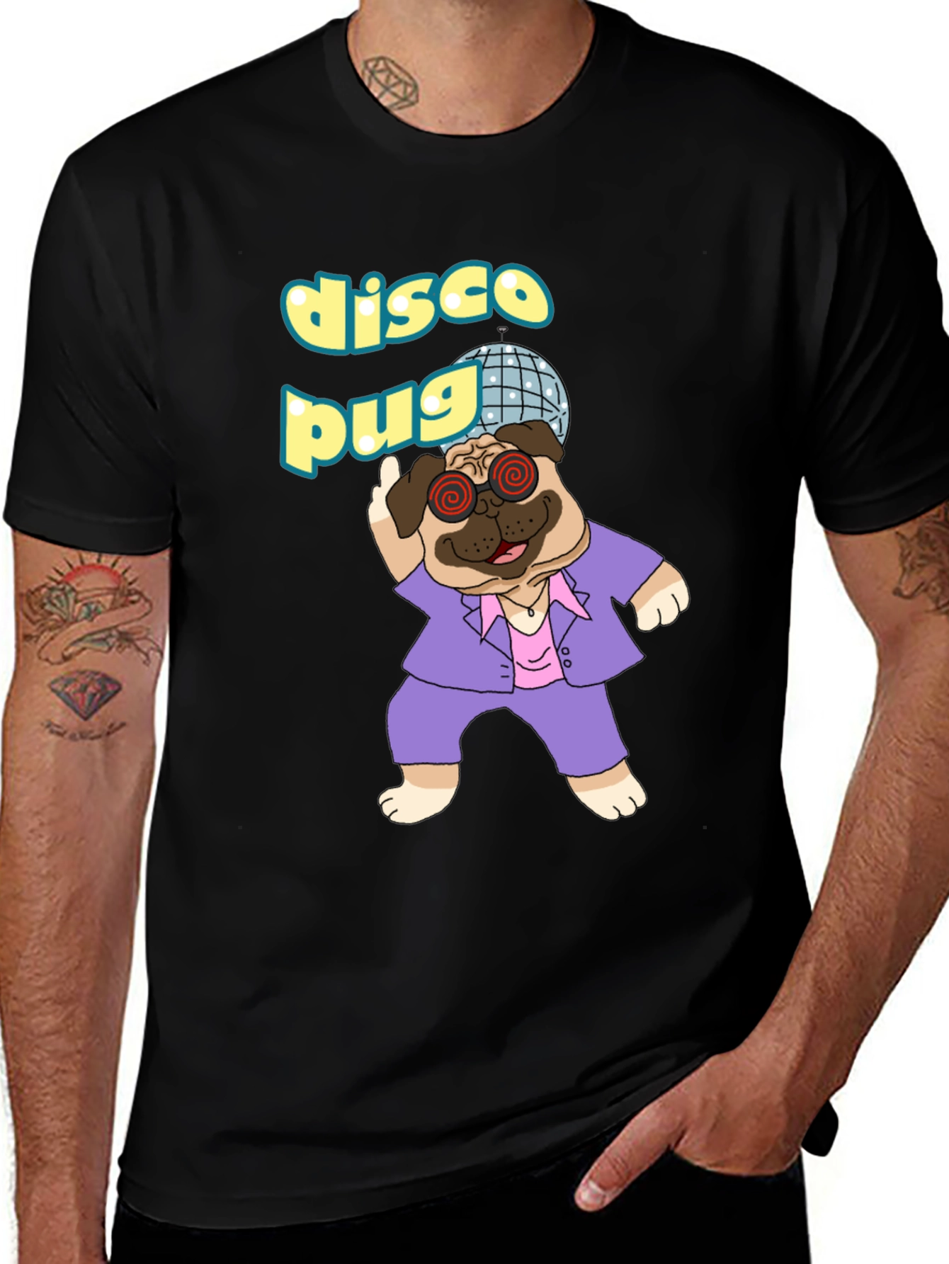 Black Disco Pug Graphic T-Shirt - Groovy Style main image