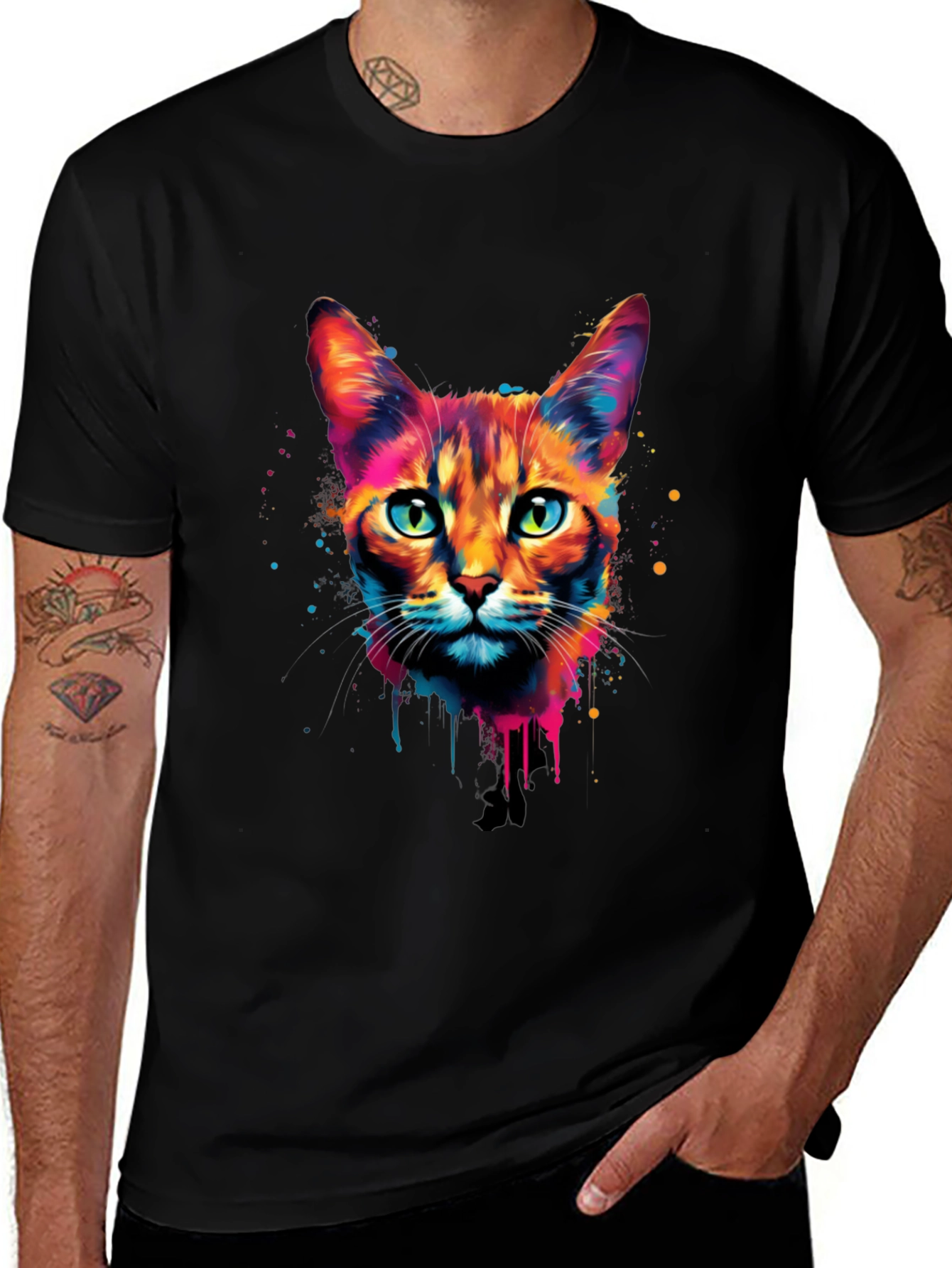 Variant 3 of Colorful Cat Graphic Tee - Men's Black T-Shirt