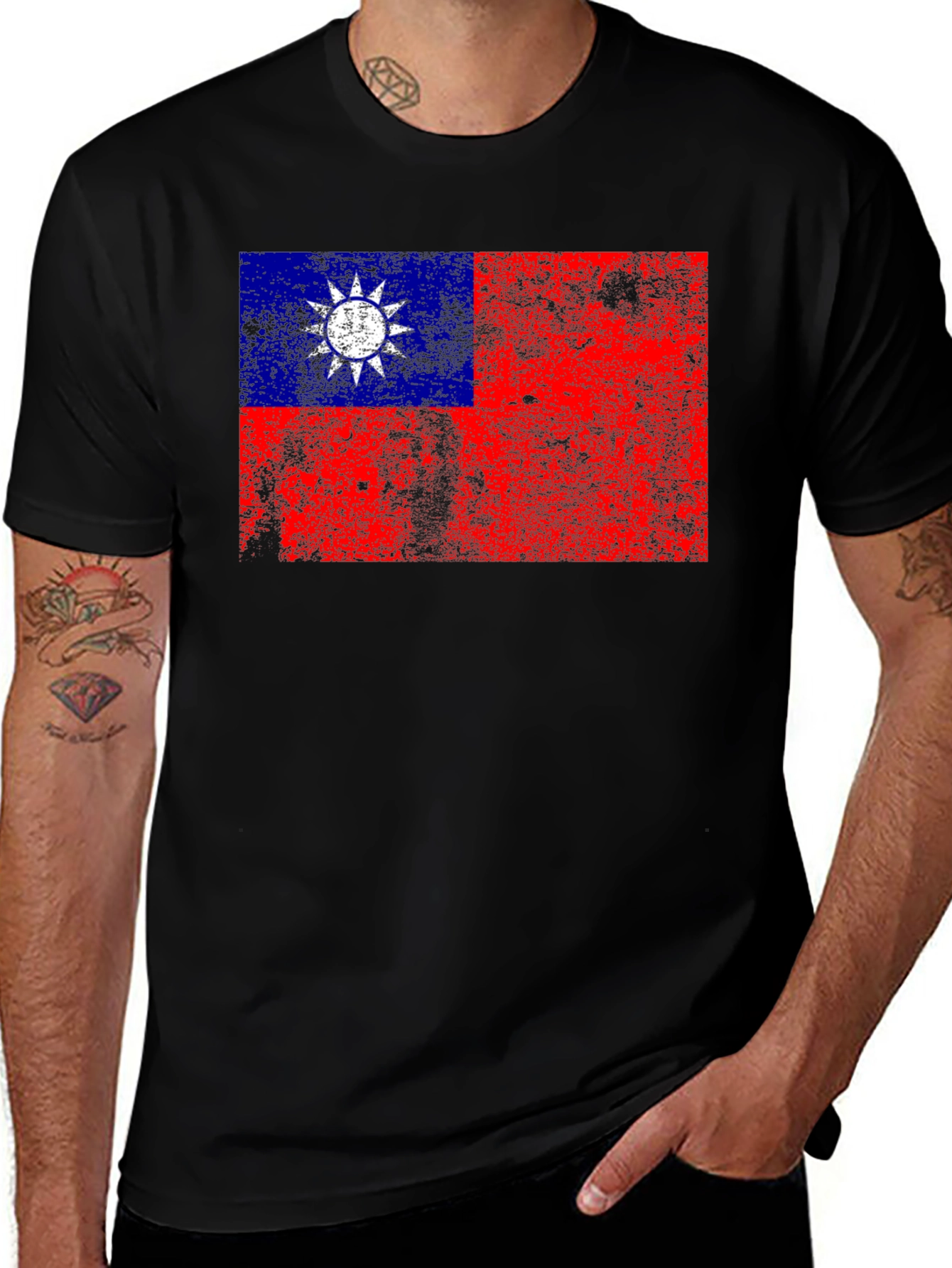 Distressed Taiwan Flag Graphic Tee - Black