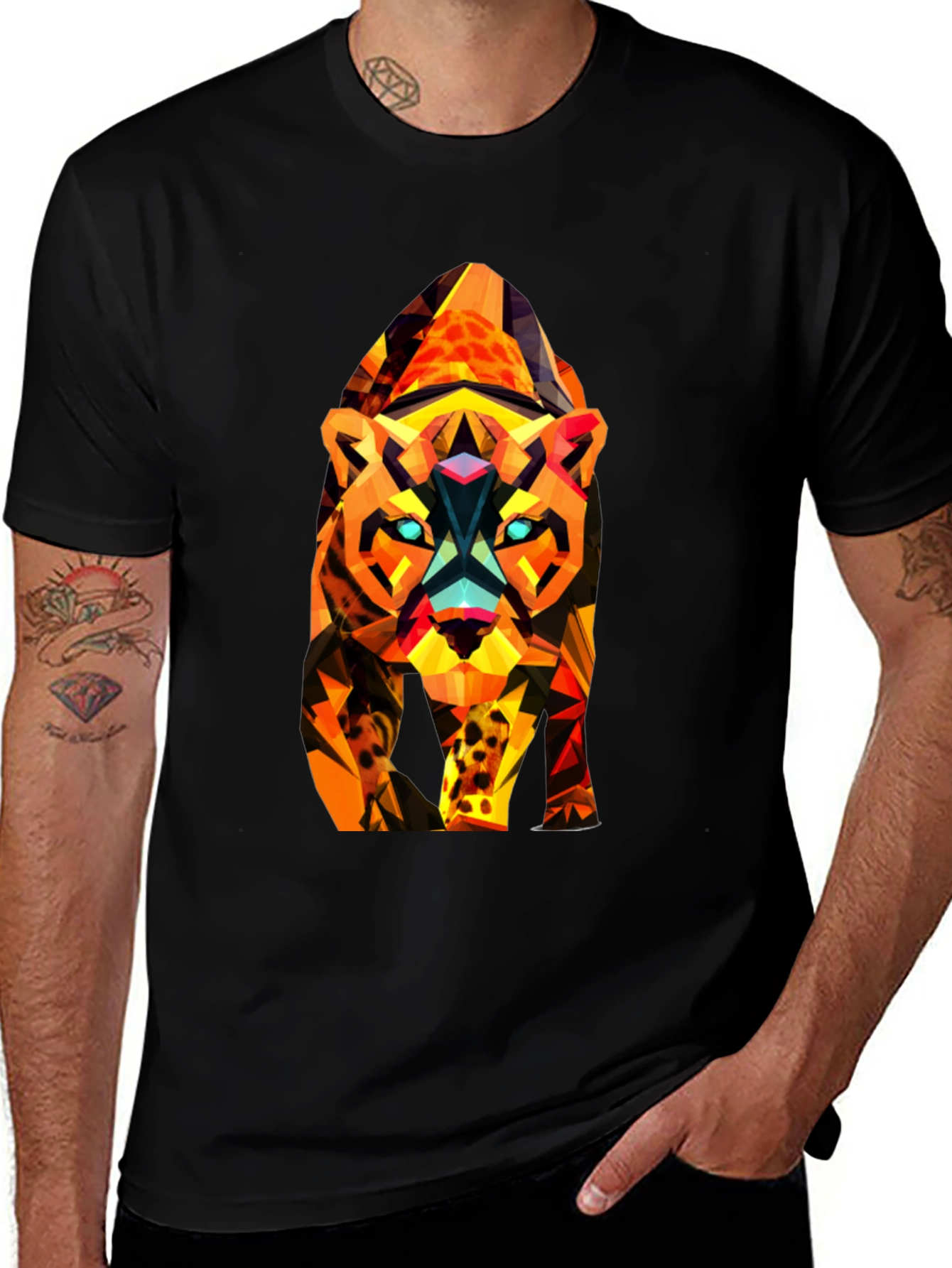Abstract Geometric Tiger Graphic Tee - Black