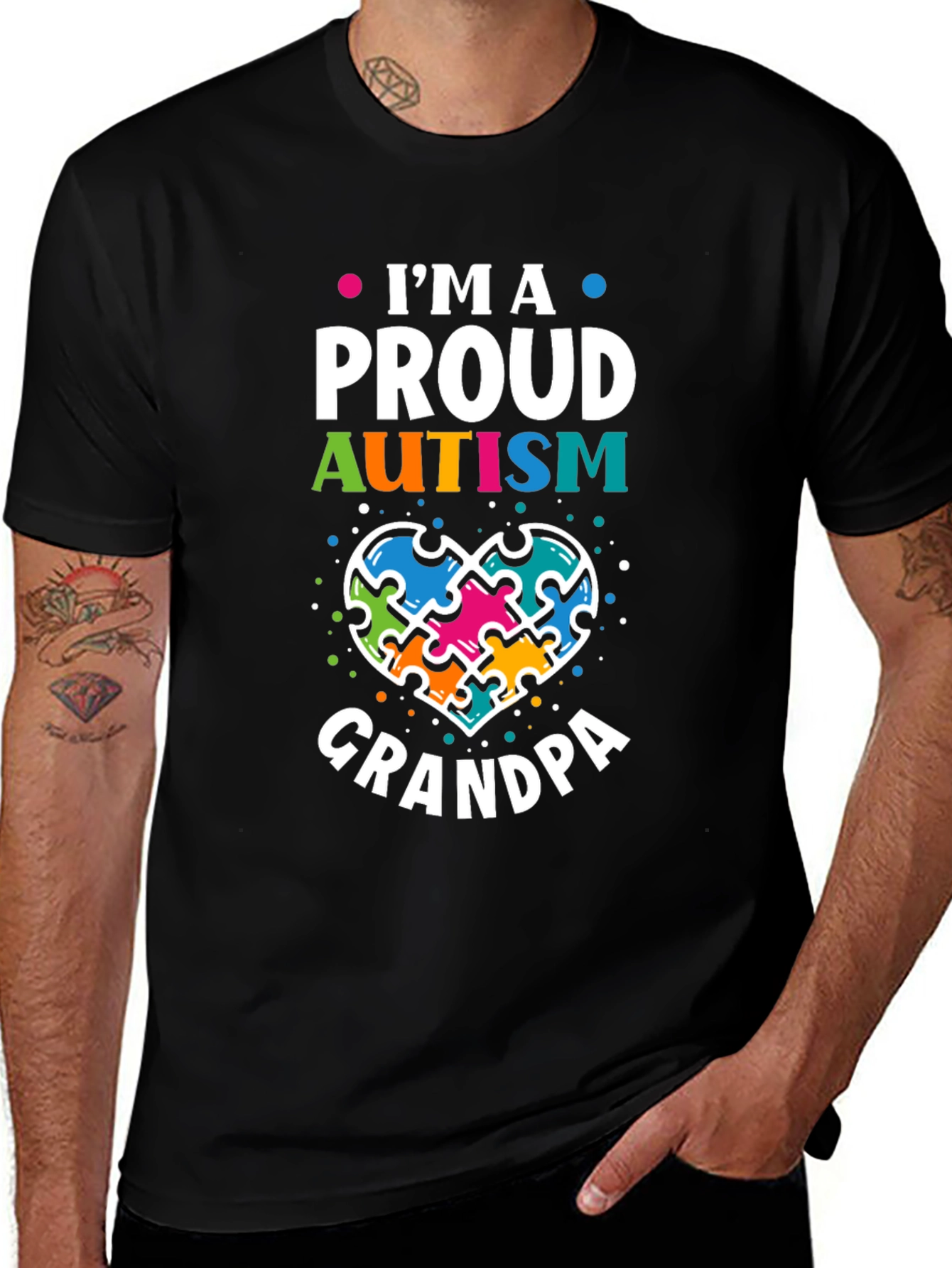 Black Proud Autism Grandpa T-Shirt Puzzle Piece Heart Support main image