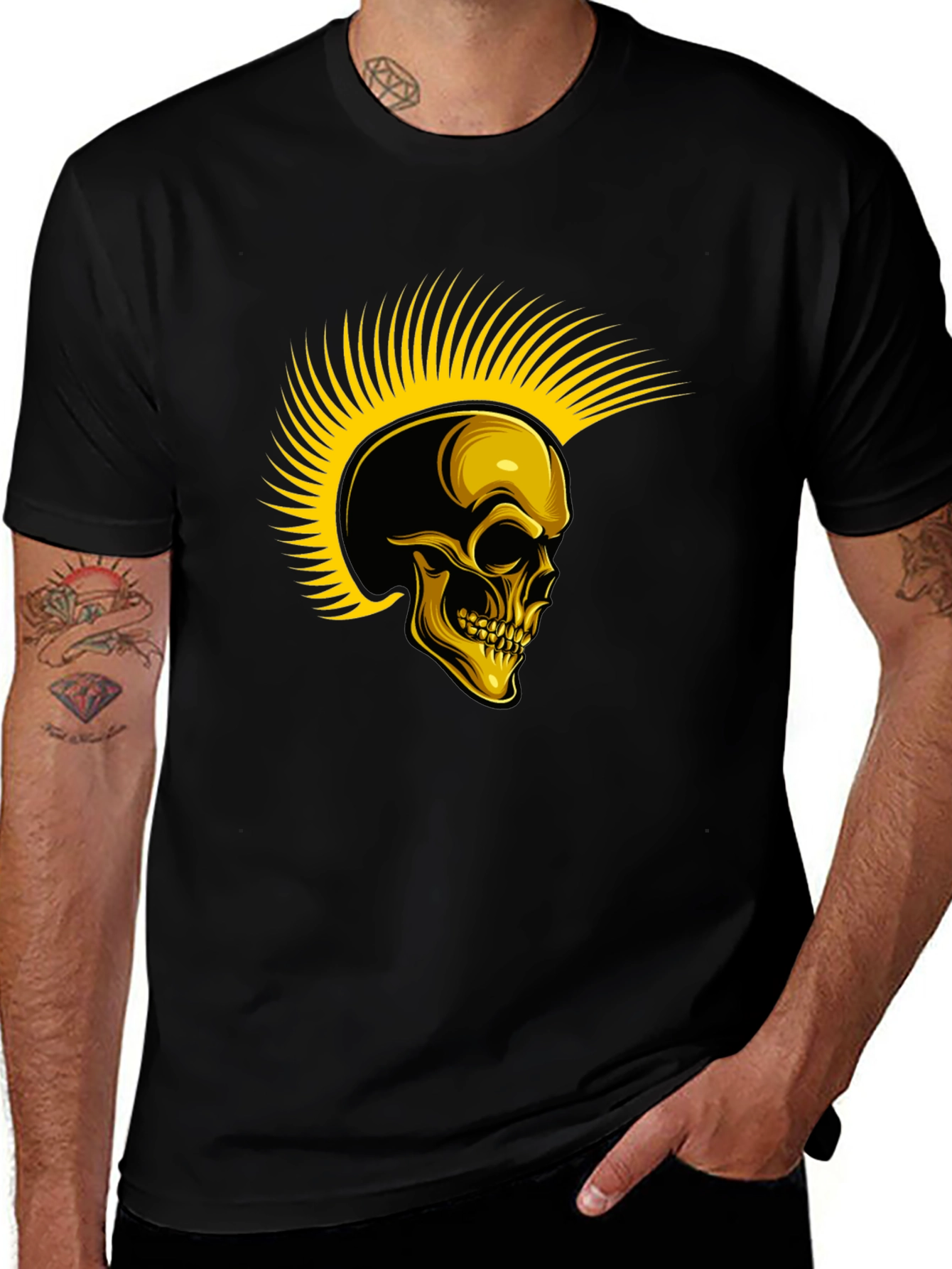 Variant 11 of Men's Black T-Shirt with Golden Skull Mohawk Graphic