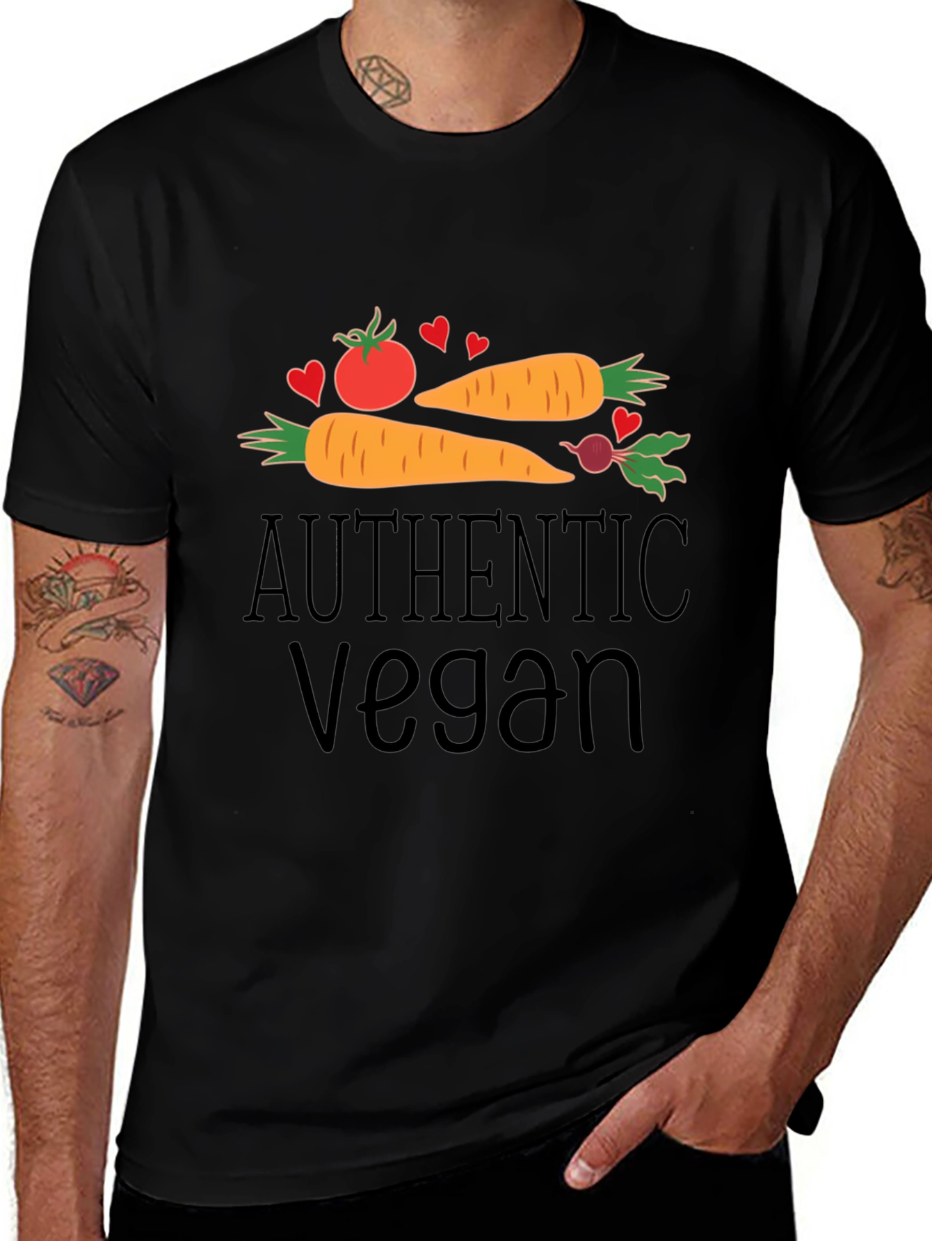 Variant 10 of Authentic Vegan Black T-Shirt: Carrot, Tomato & Beet Design