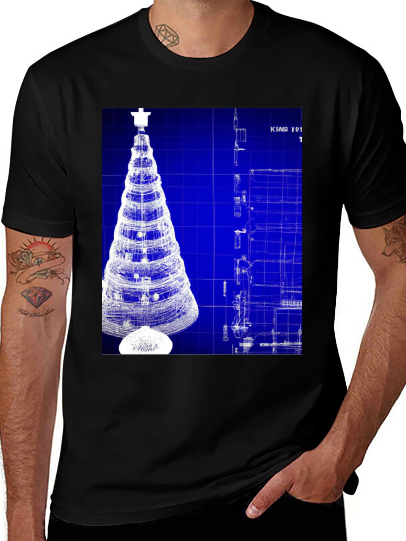 Blueprint Christmas Tree Graphic Tee - Black Cotton