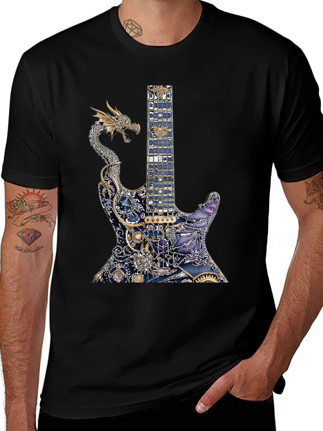 Variant 21 of Dragon Guitar Print T-Shirt - Rocker Style