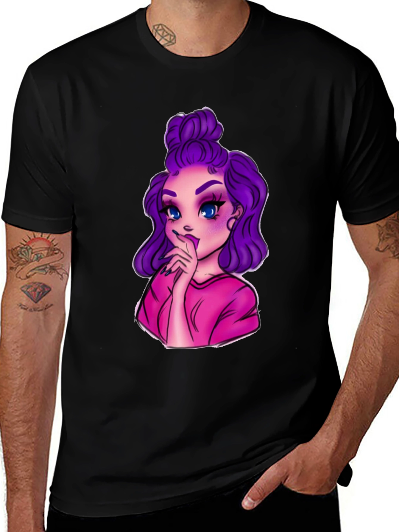Variant 13 of Purple Hair Girl Graphic Print Black T-Shirt
