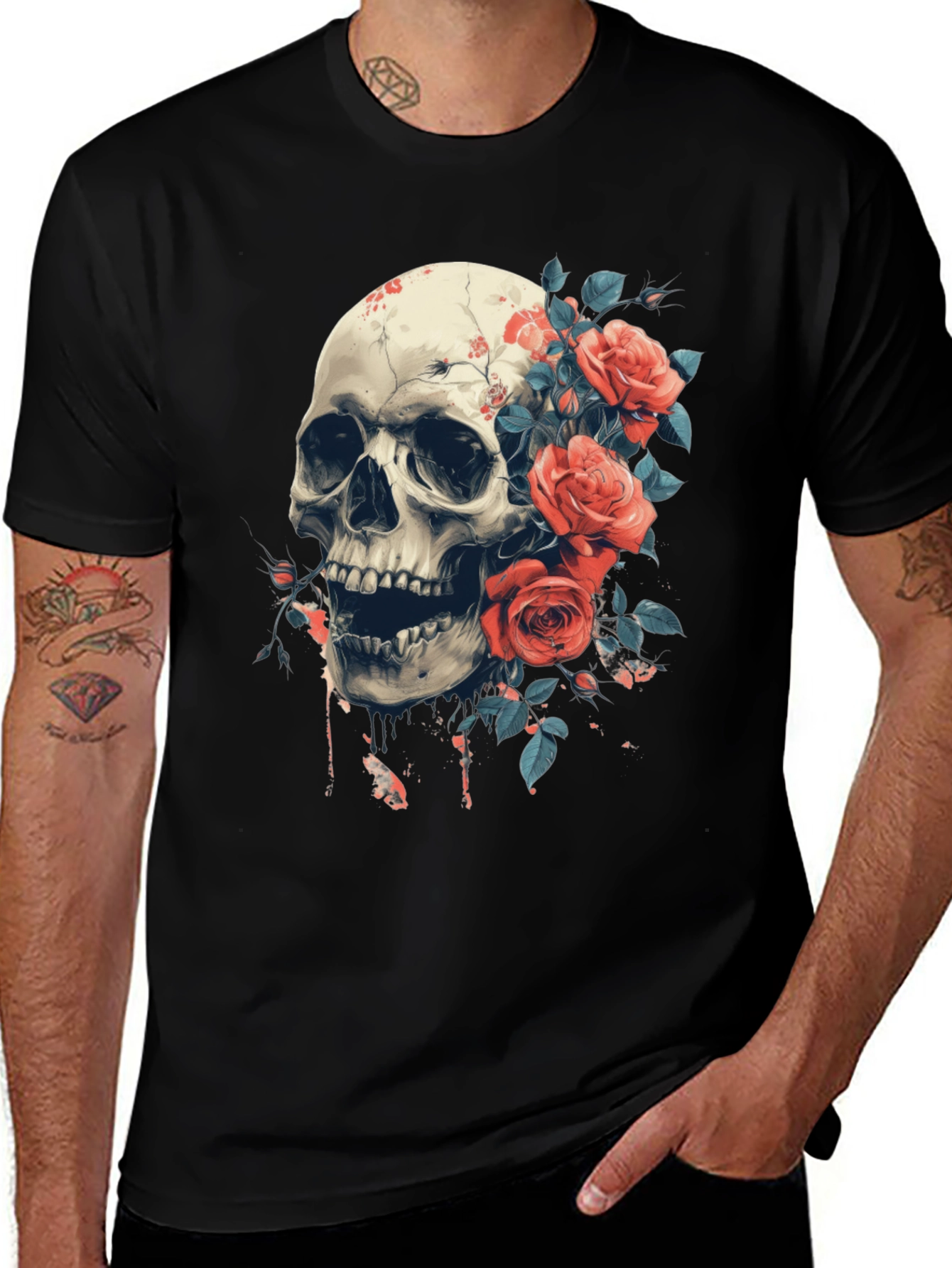 Variant 6 of Skull & Roses Graphic Tee - Bold Gothic Style