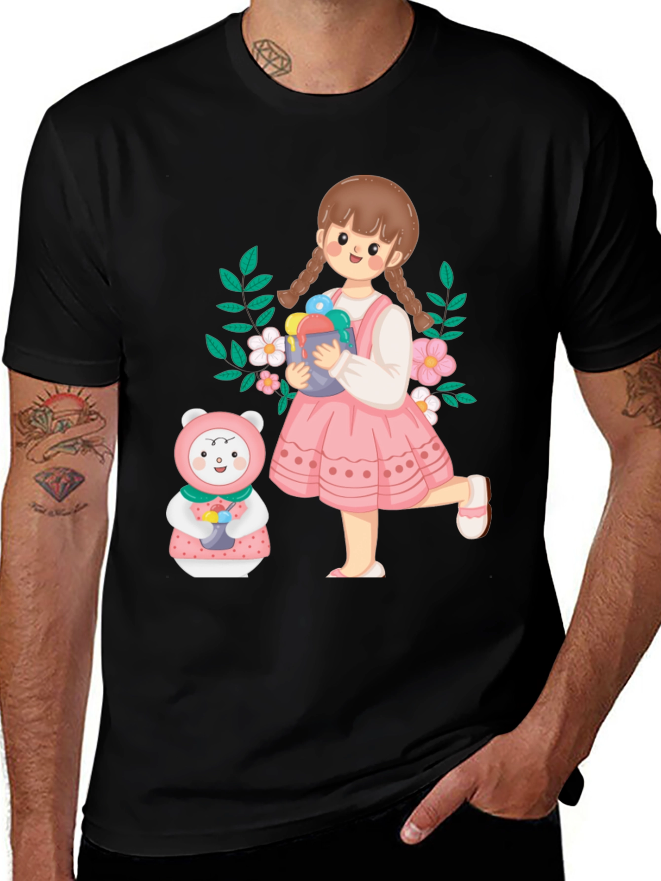 Variant 29 of Cute Cartoon Girl and Bear Graphic T-Shirt