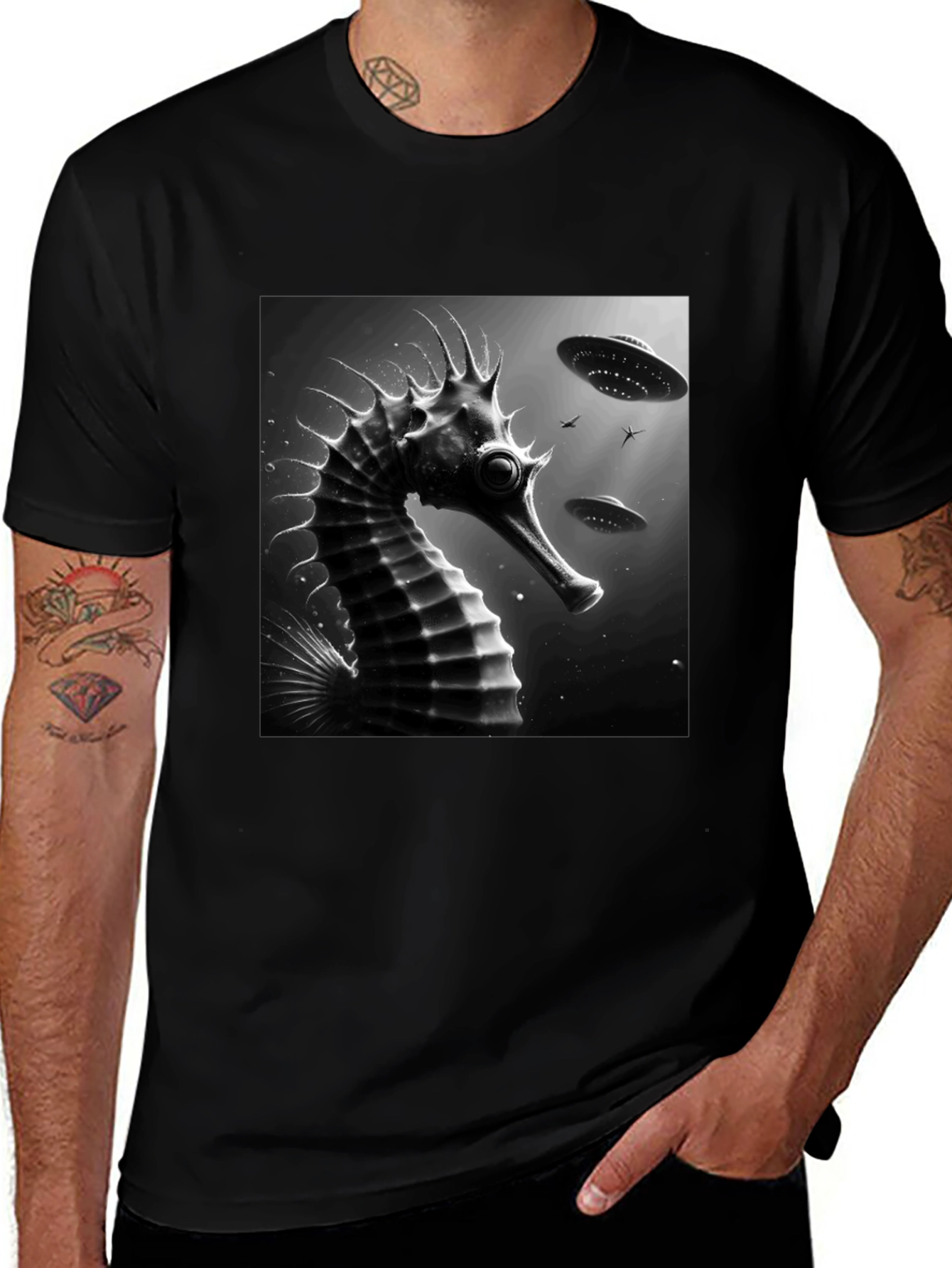 Surreal Seahorse UFO Graphic Tee - Black Cotton Shirt