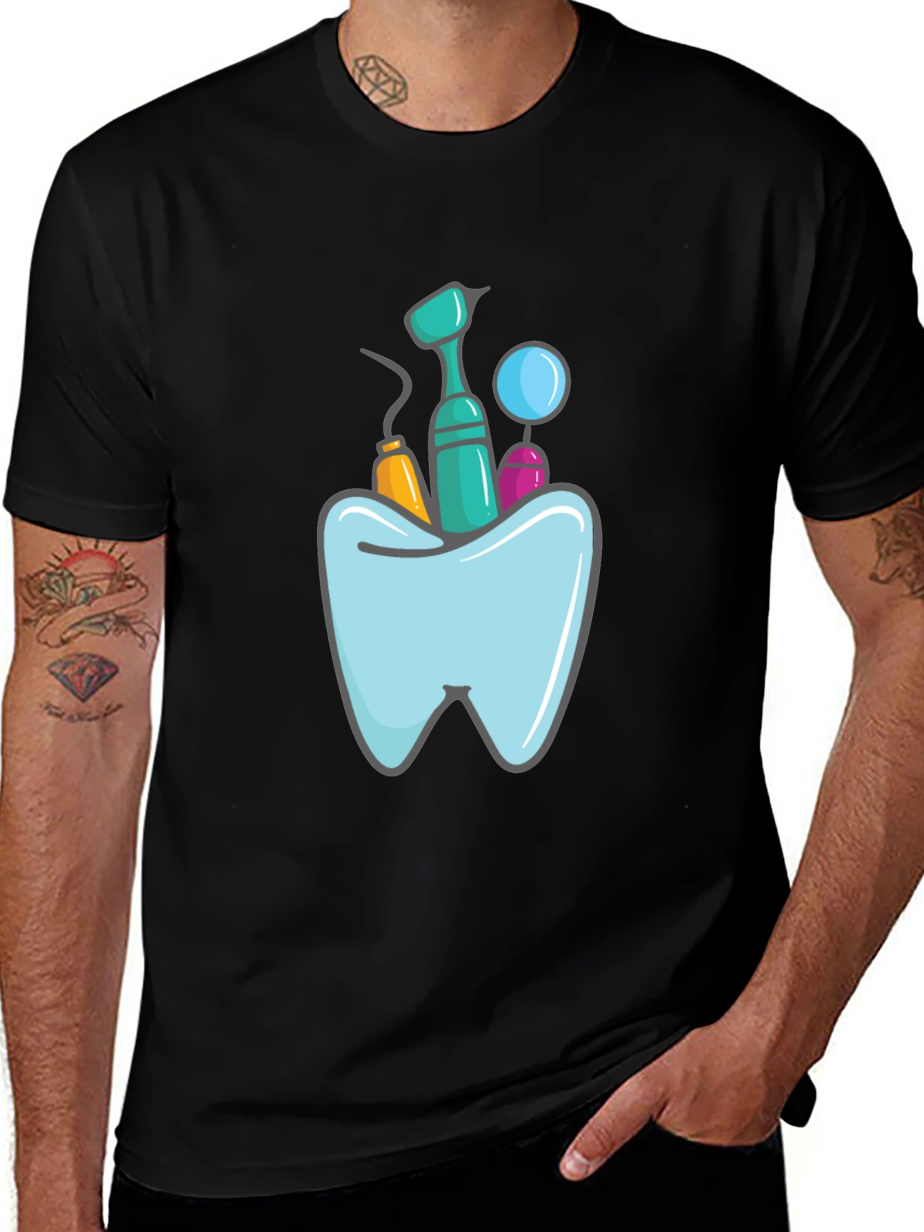 Variant 13 of Dentist Tools Graphic Print Black T-Shirt