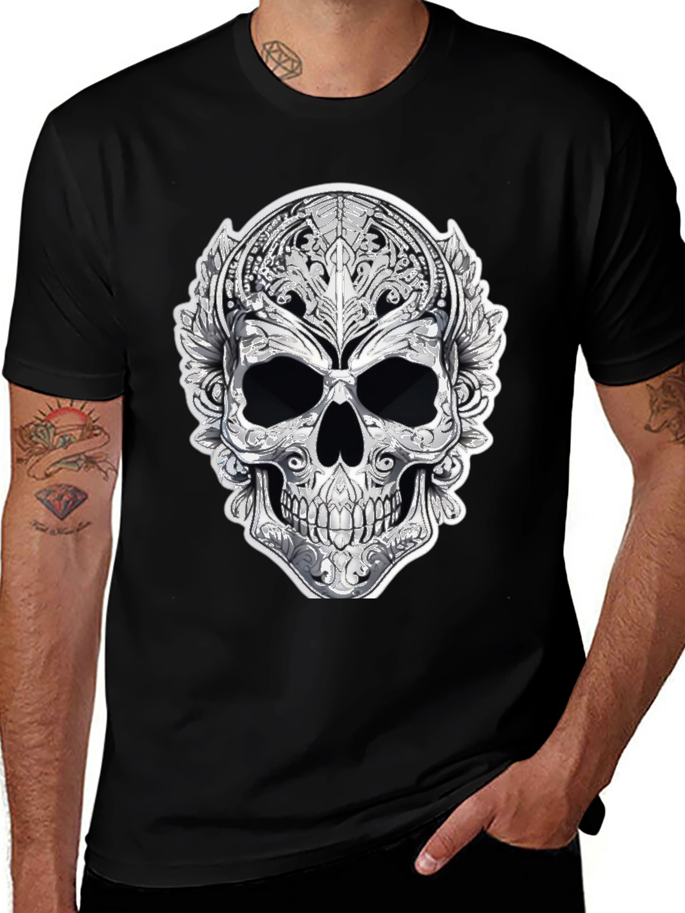 Ornate Skull Graphic Tee - Black Cotton Blend