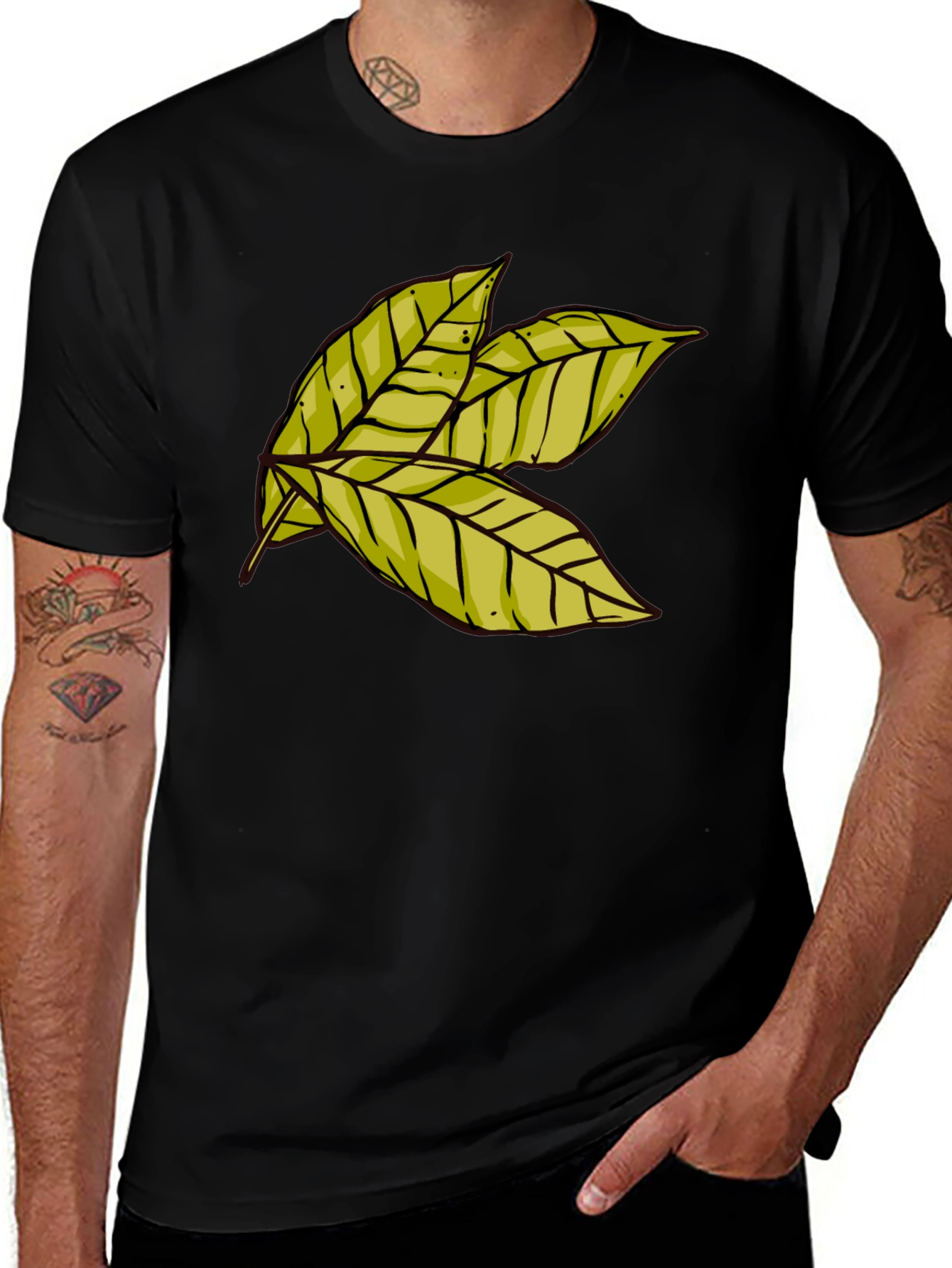 Variant 21 of Leaf Design Black Cotton T-Shirt