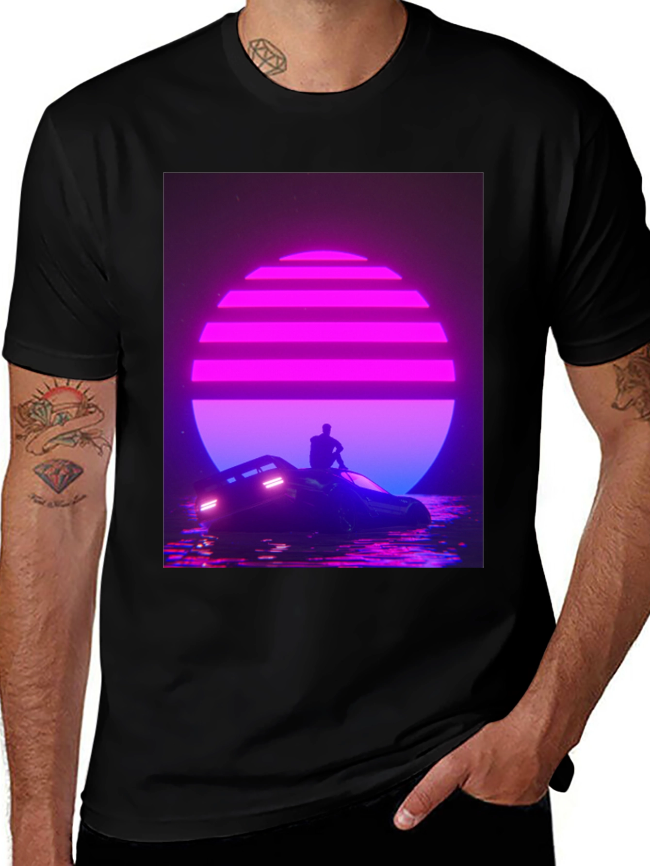 Variant 26 of Retro Wave Black T-Shirt - Synthwave Sunset Design