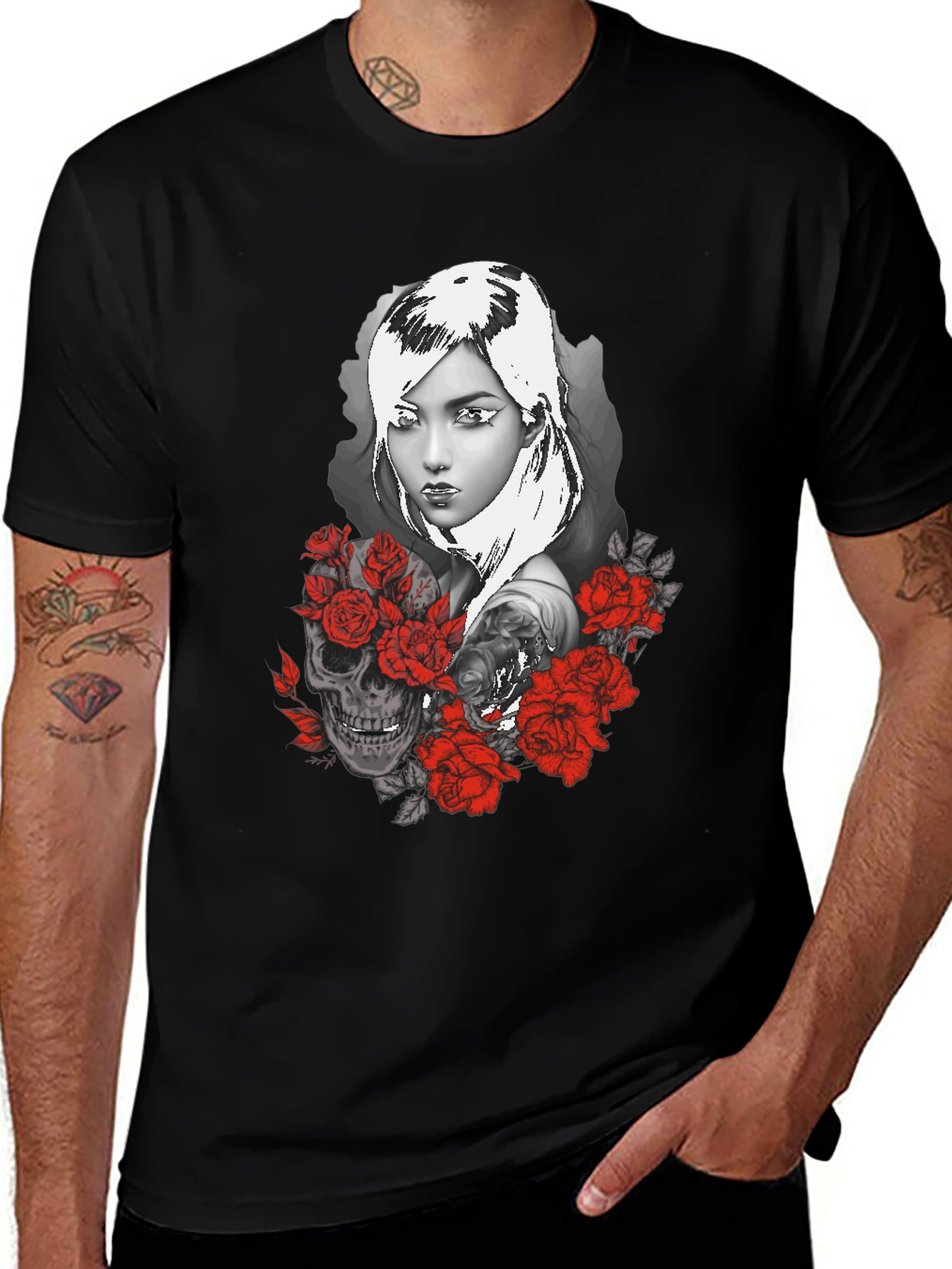 Variant 9 of Skull & Roses Graphic Print Black T-Shirt