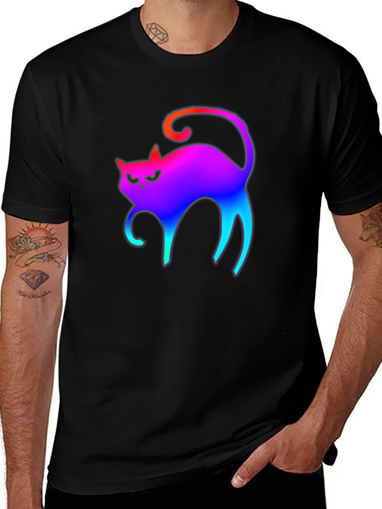 Rainbow Cat Graphic Tee - Black Cotton T-Shirt
