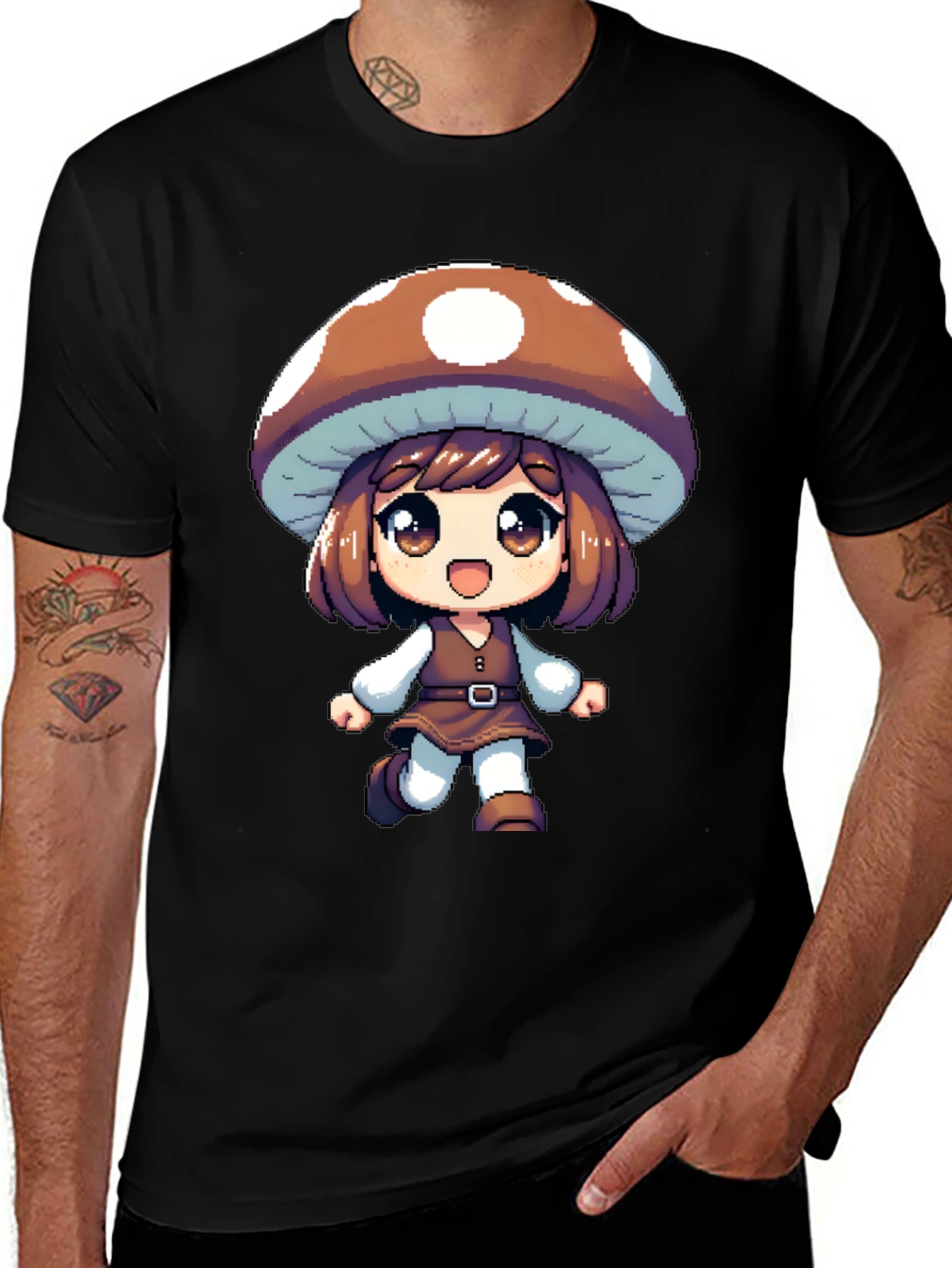 Variant 9 of Mushroom Girl Black T-Shirt Anime Pixel Art