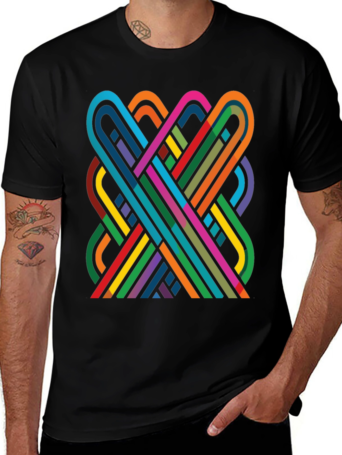 Variant 28 of Geometric Ribbon Design Black Cotton T-Shirt
