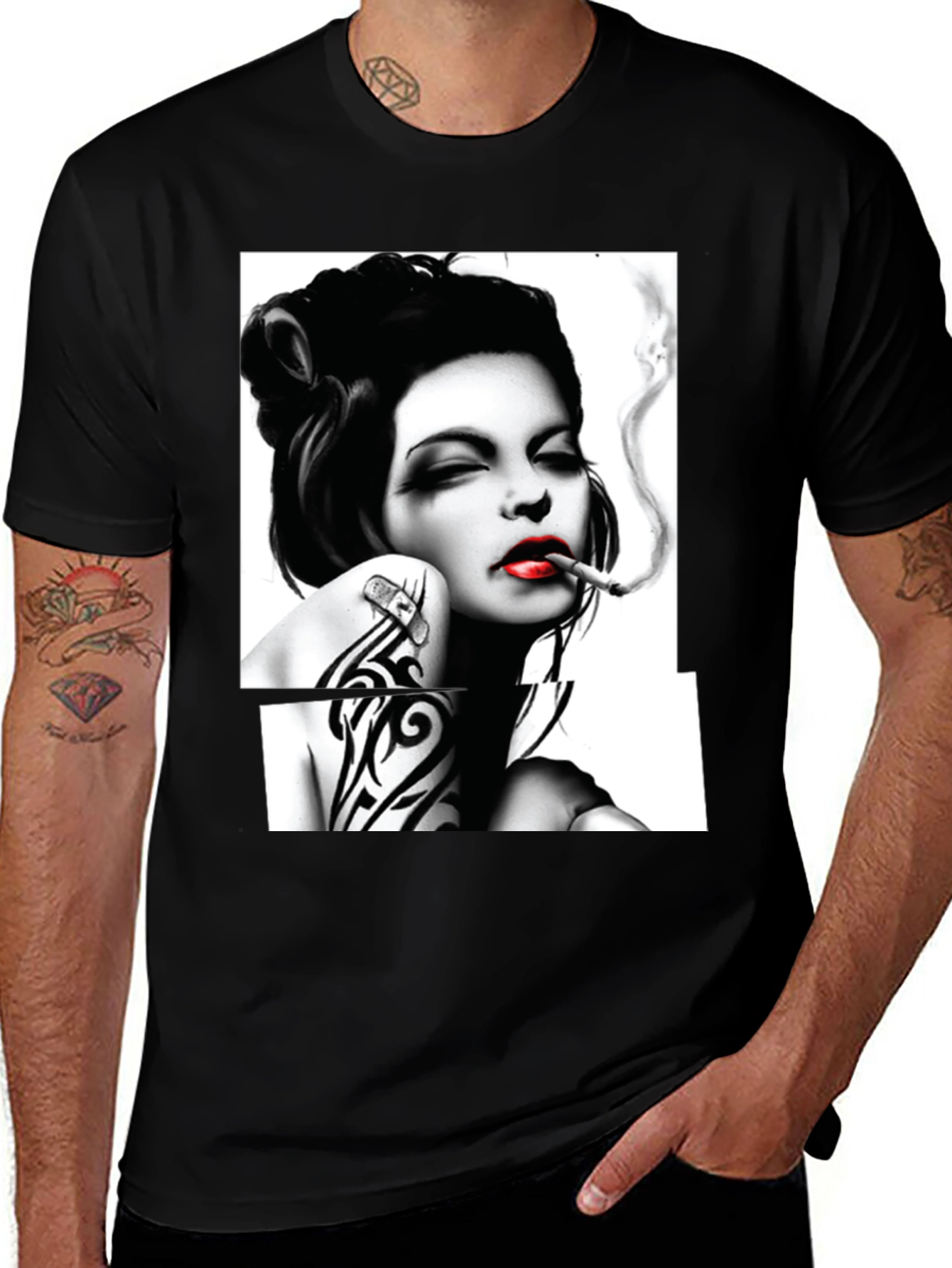 Smoking Woman Graphic T-Shirt - Stylish Black Tee