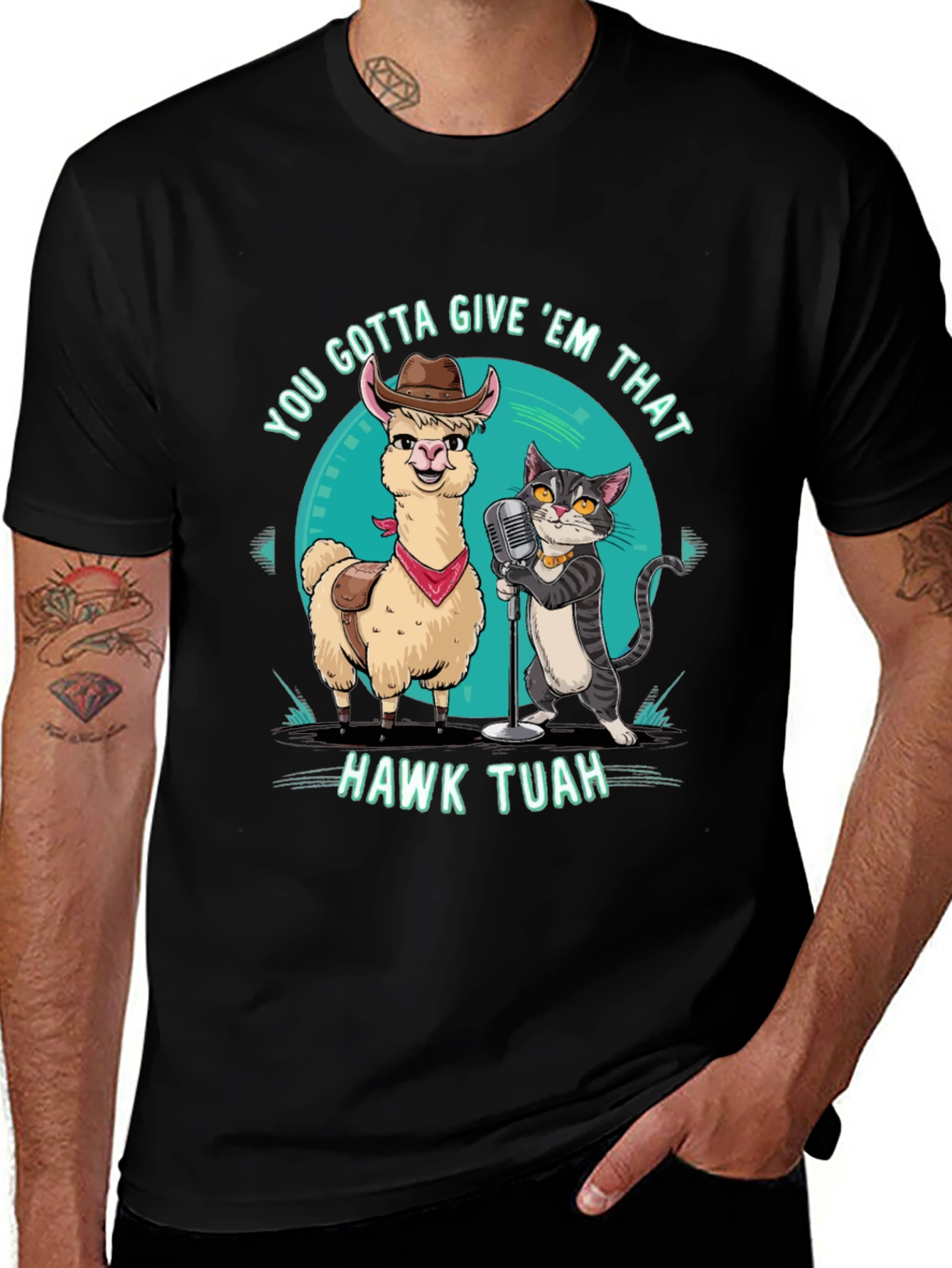 Black Hawk Tuah T-Shirt: Singing Llama & Cat Duo! main image