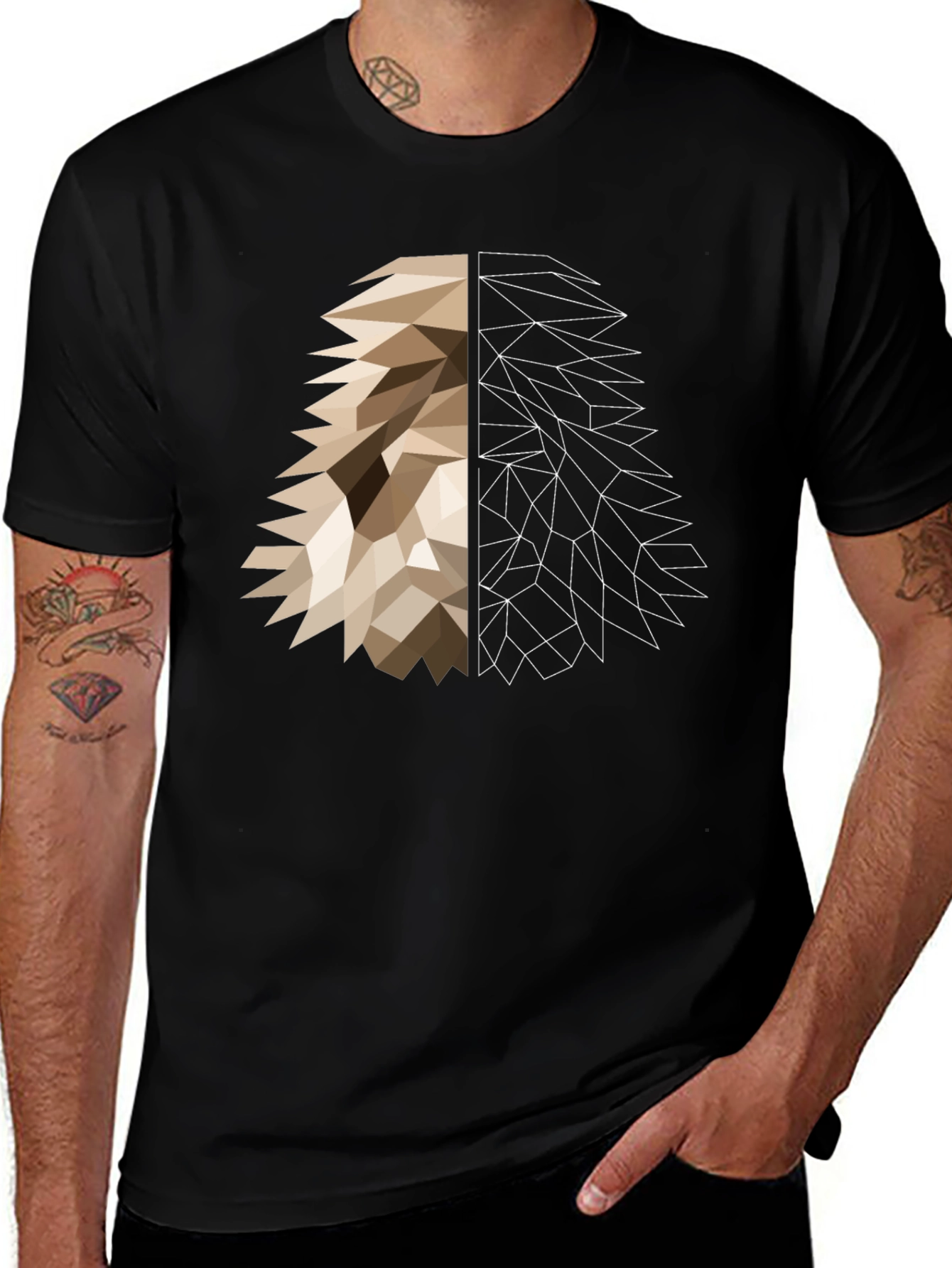 Variant 8 of Geometric Lion Graphic Black T-Shirt