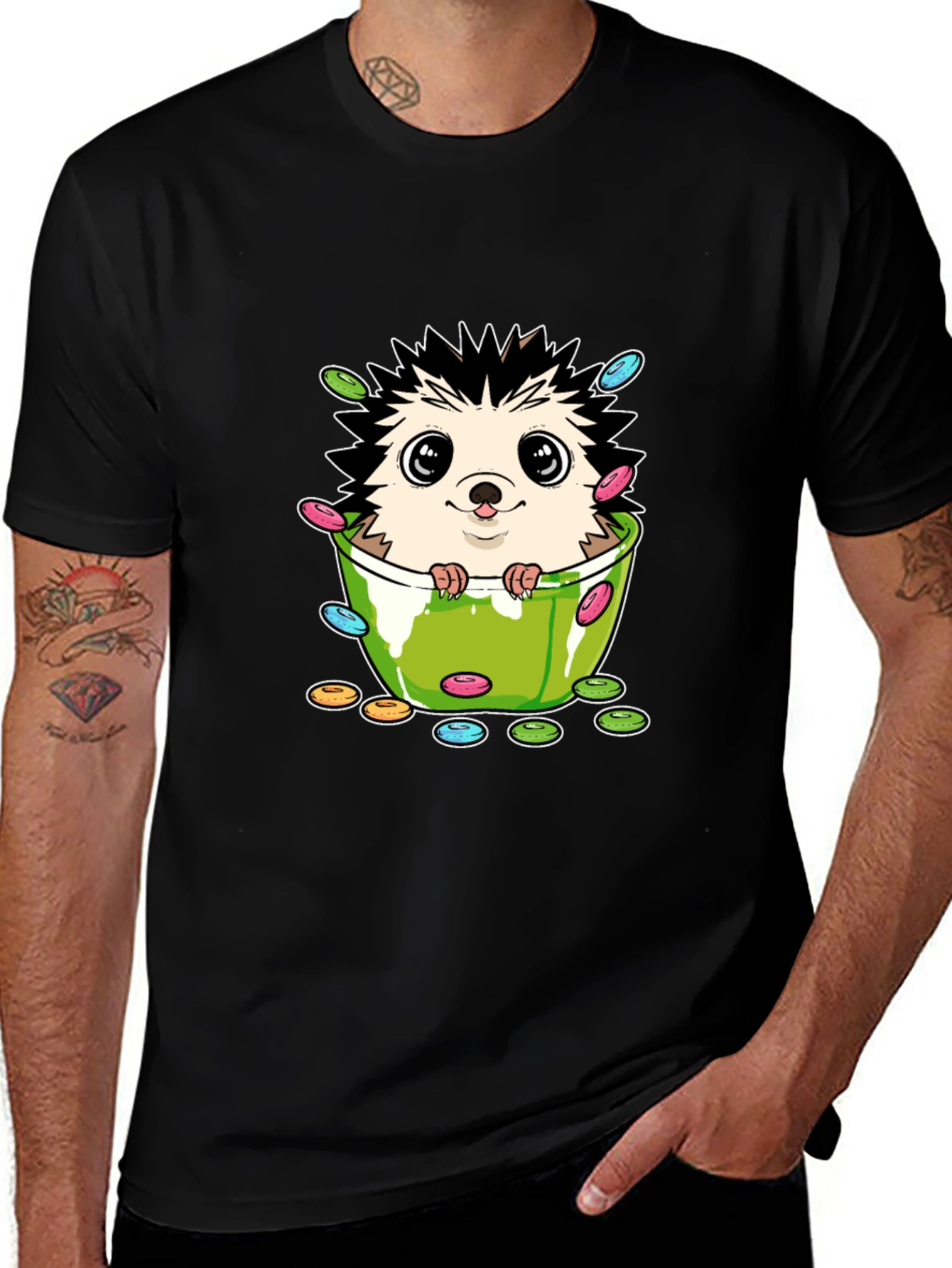 Variant 16 of Cute Hedgehog in Cup Graphic Tee - Black