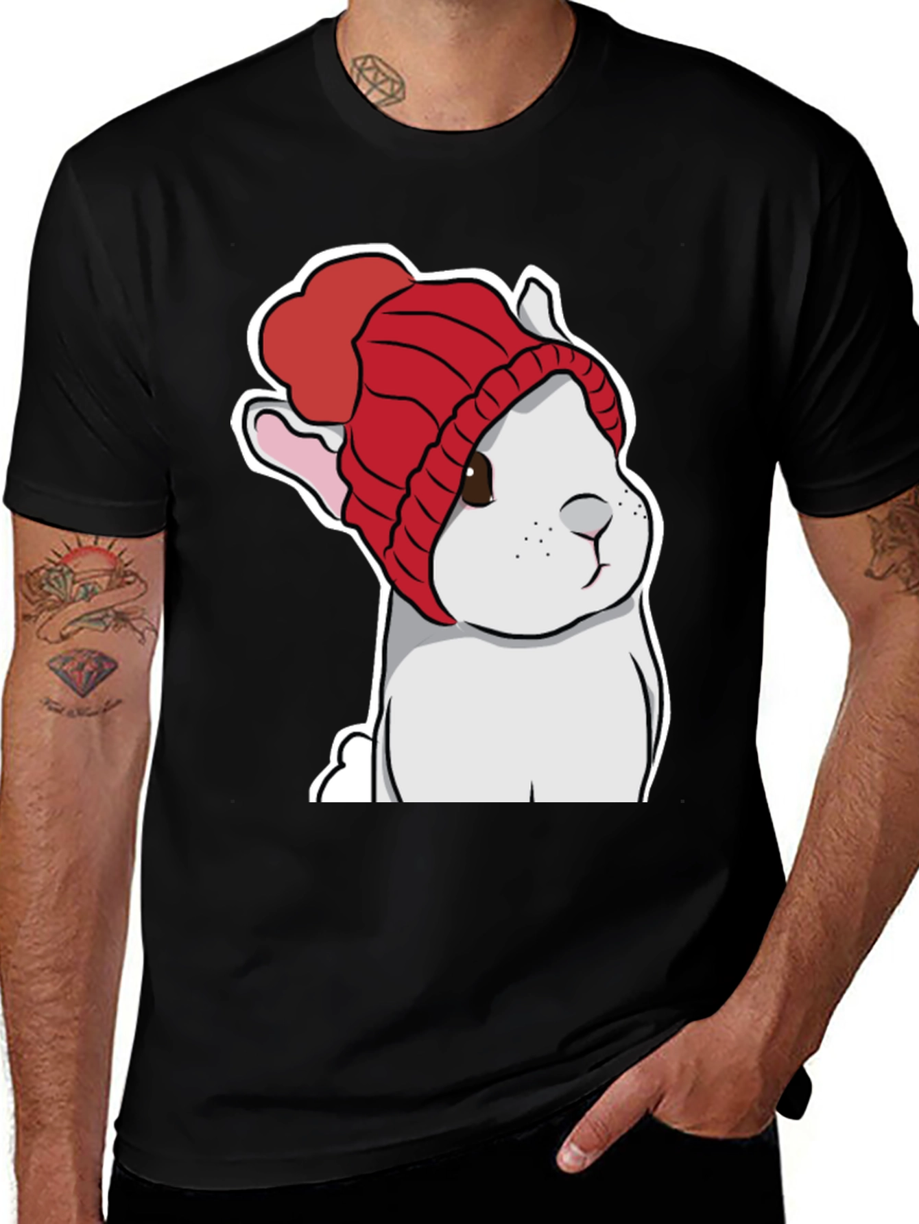Variant 8 of Cute Bunny in Red Knit Hat T-Shirt