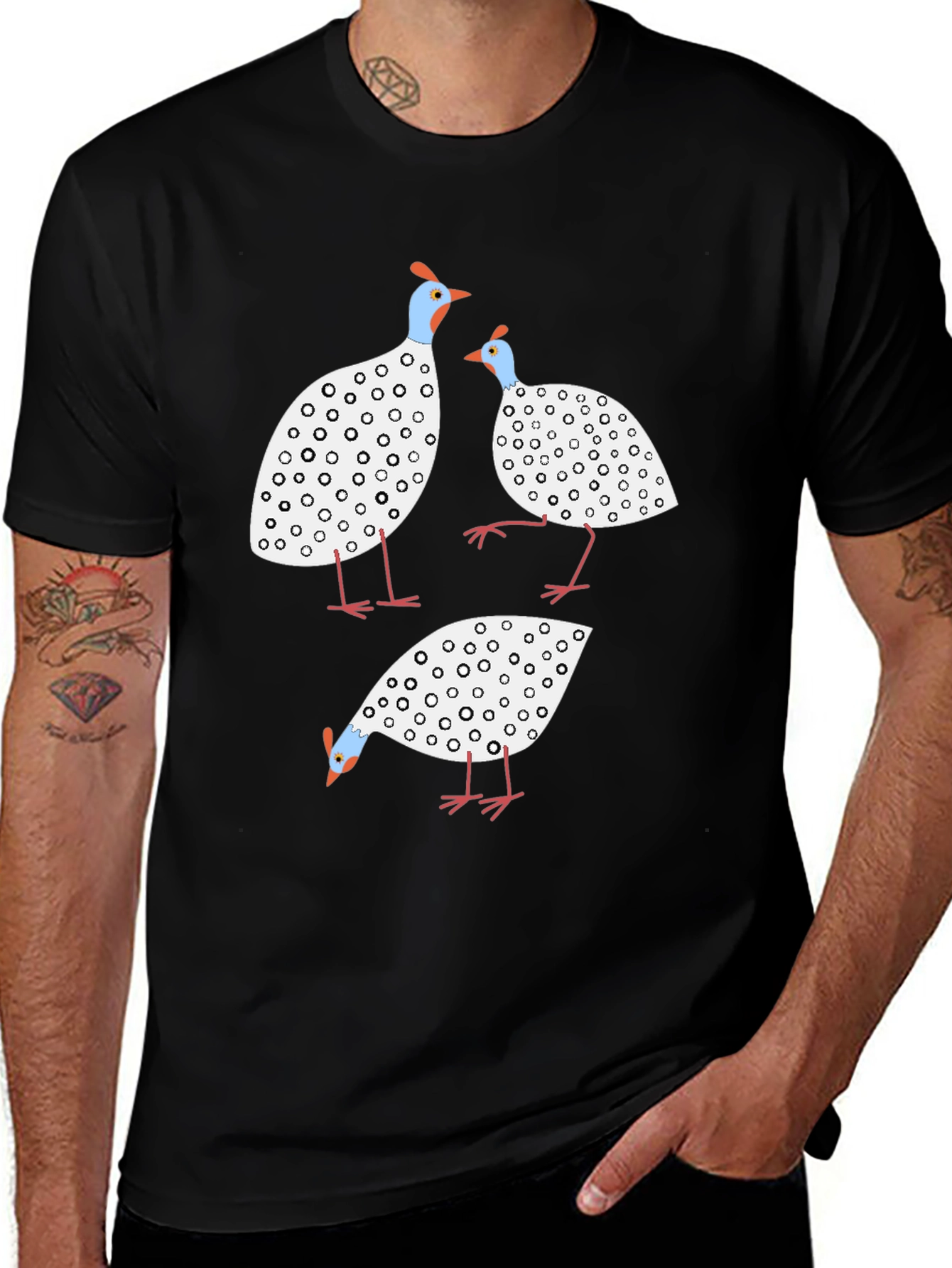 Variant 21 of Whimsical Guinea Fowl Graphic Tee - Black Cotton Shirt