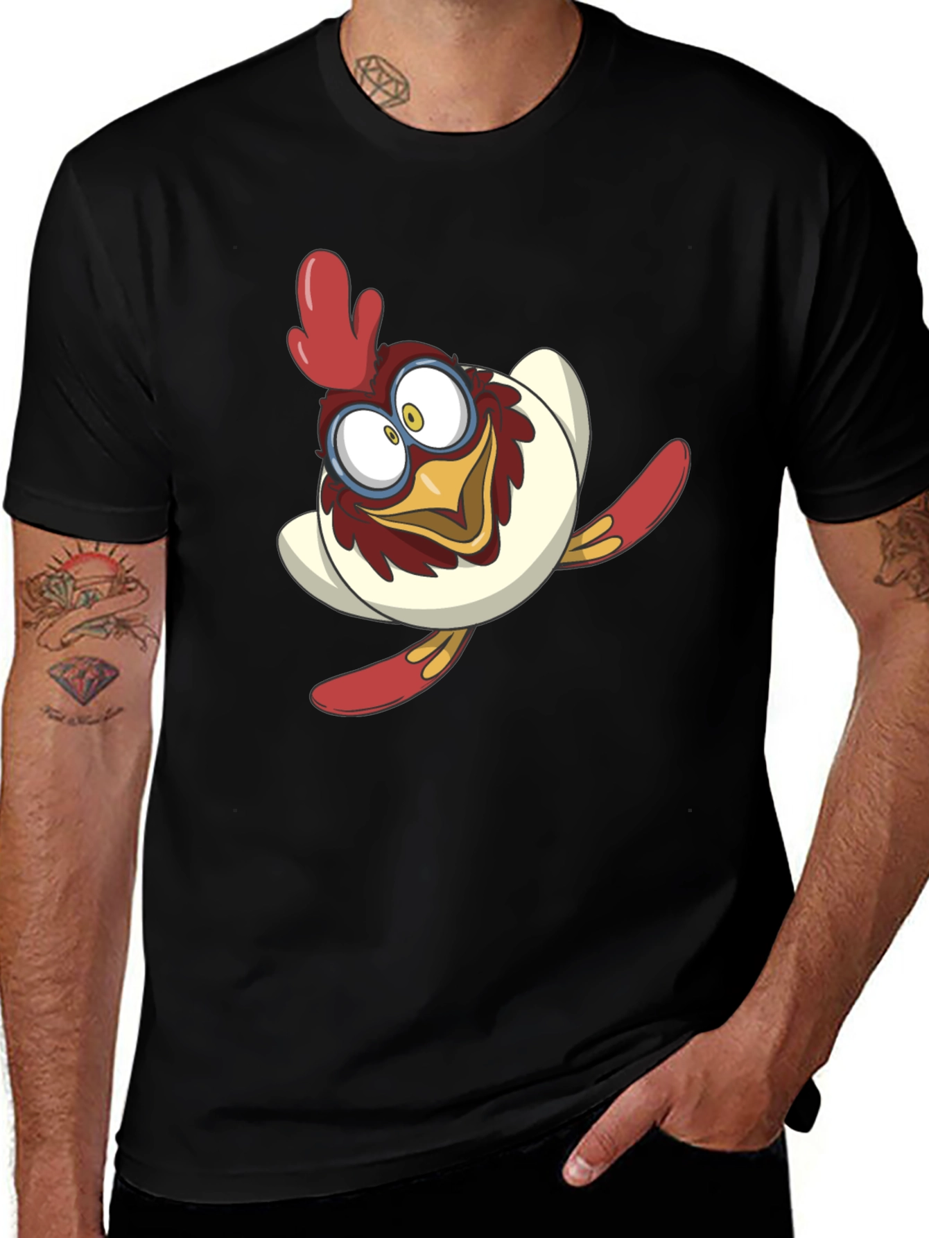 Variant 14 of Cartoon Chicken Graphic Tee - Black Cotton Blend Shirt
