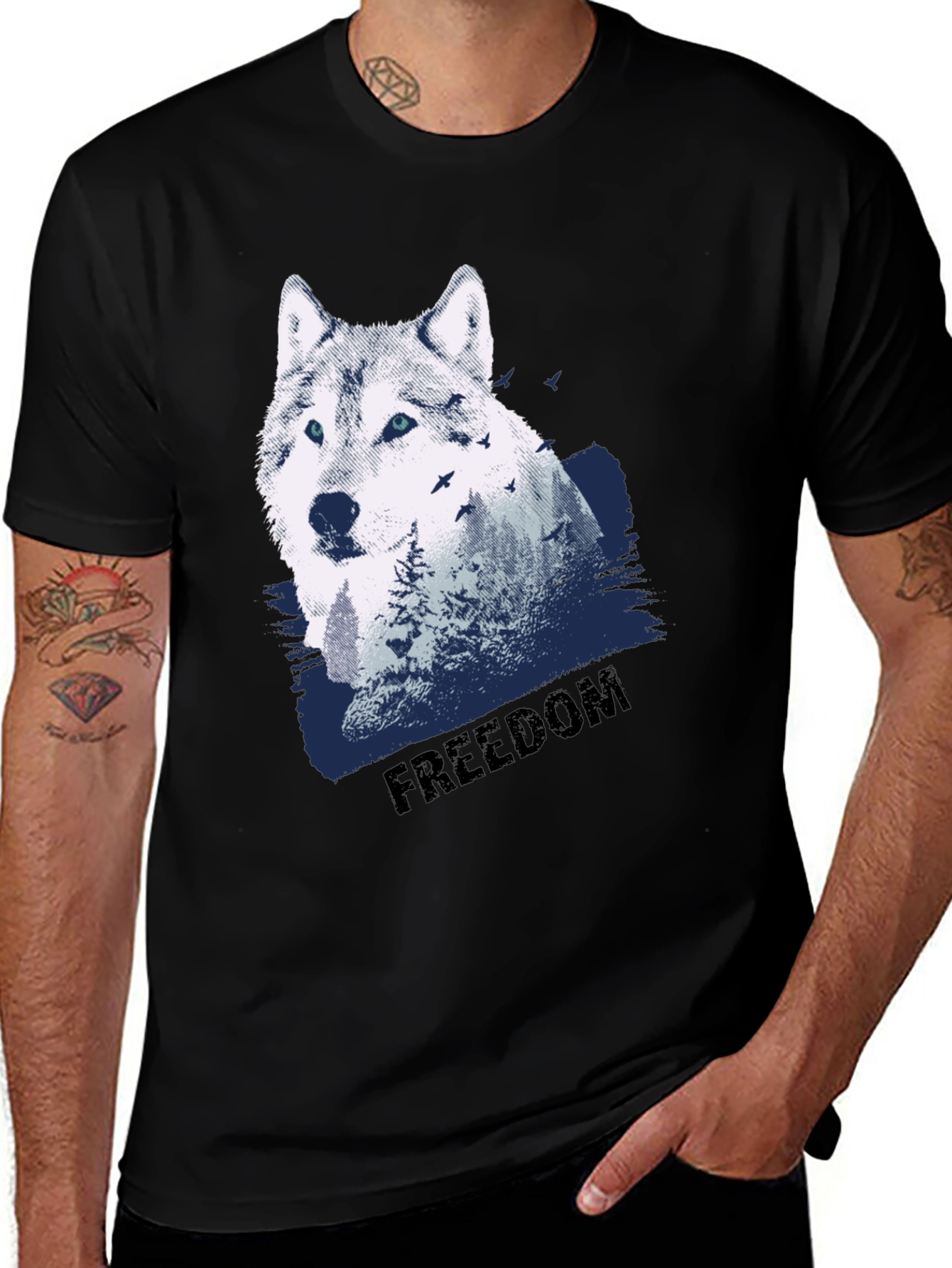 Variant 25 of Men's Black Wolf Graphic T-Shirt - Freedom Design