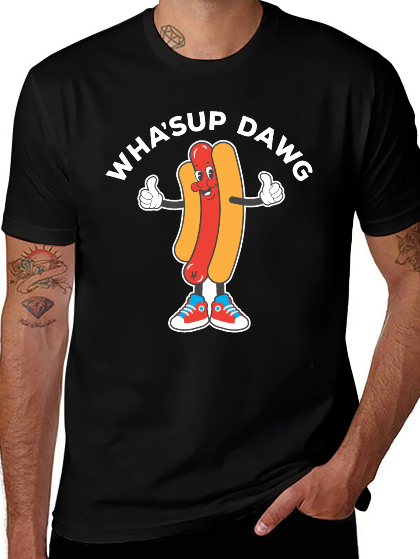 Variant 14 of Funny Wha'sup Dawg Hotdog Cartoon Graphic T-Shirt