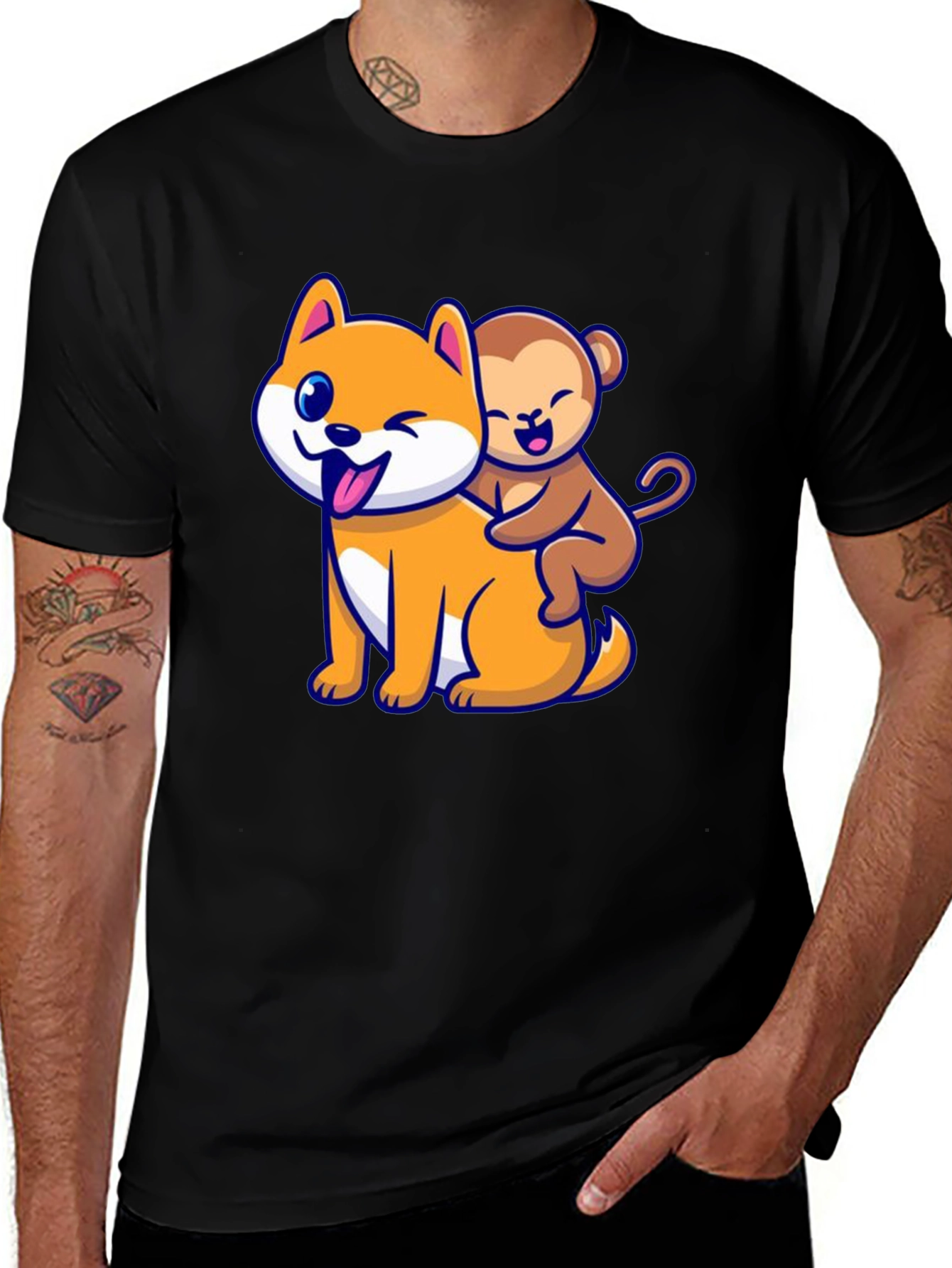Variant 14 of Dog and Monkey Cartoon Black T-Shirt