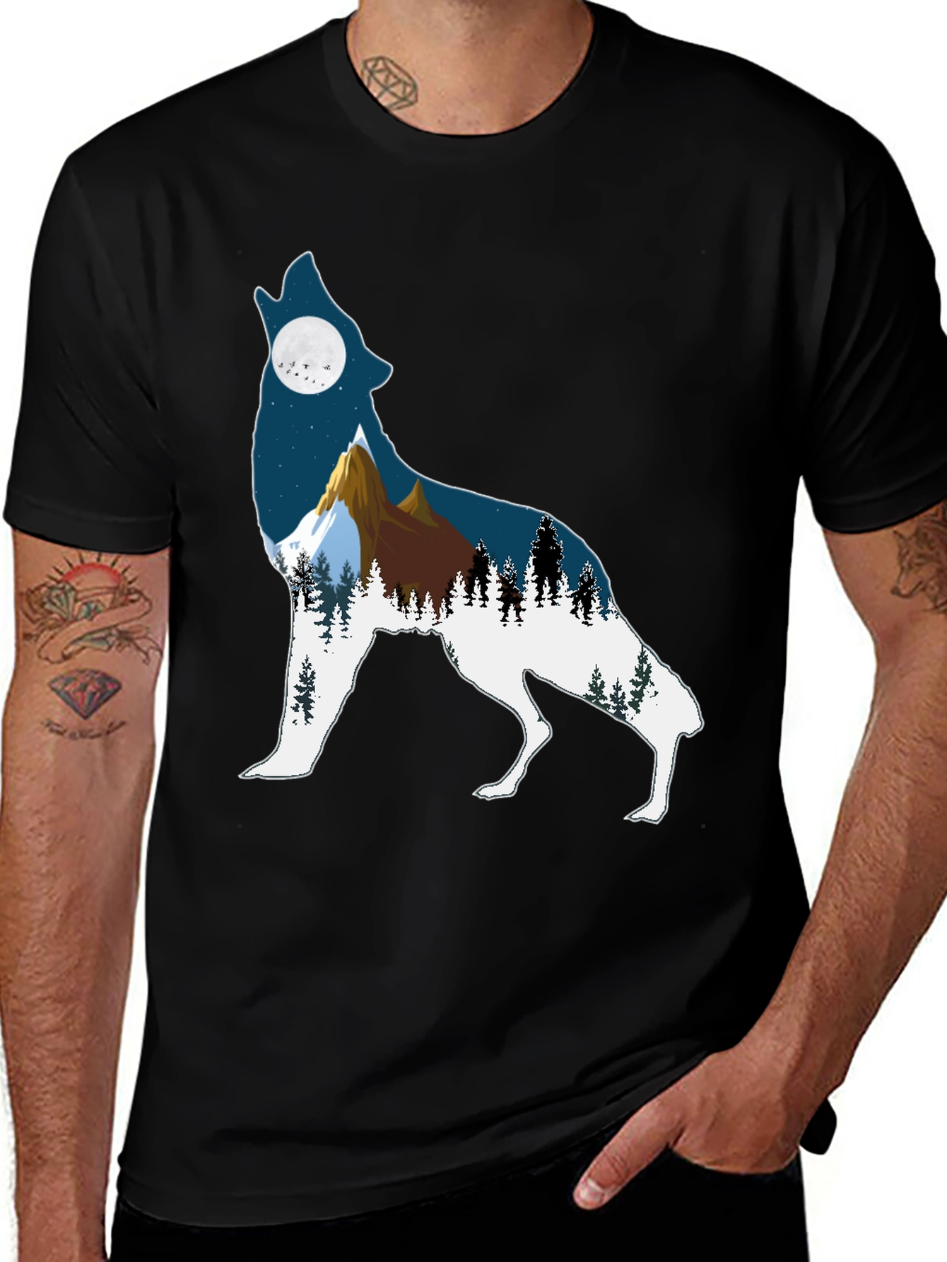 Wolf Silhouette Mountain Graphic Tee - Black