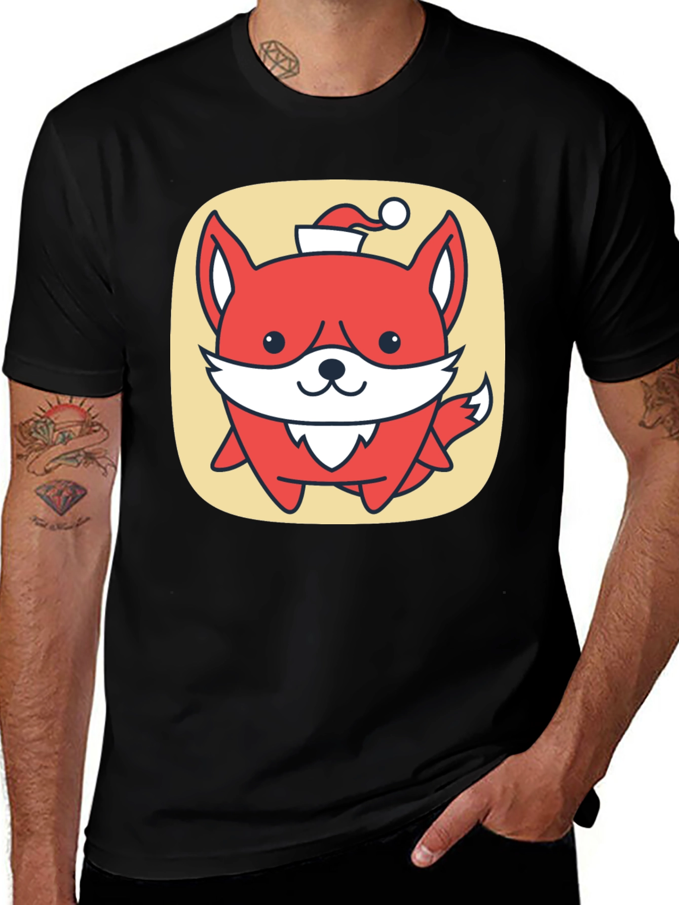 Variant 30 of Cute Fox with Santa Hat Graphic Tee - Black