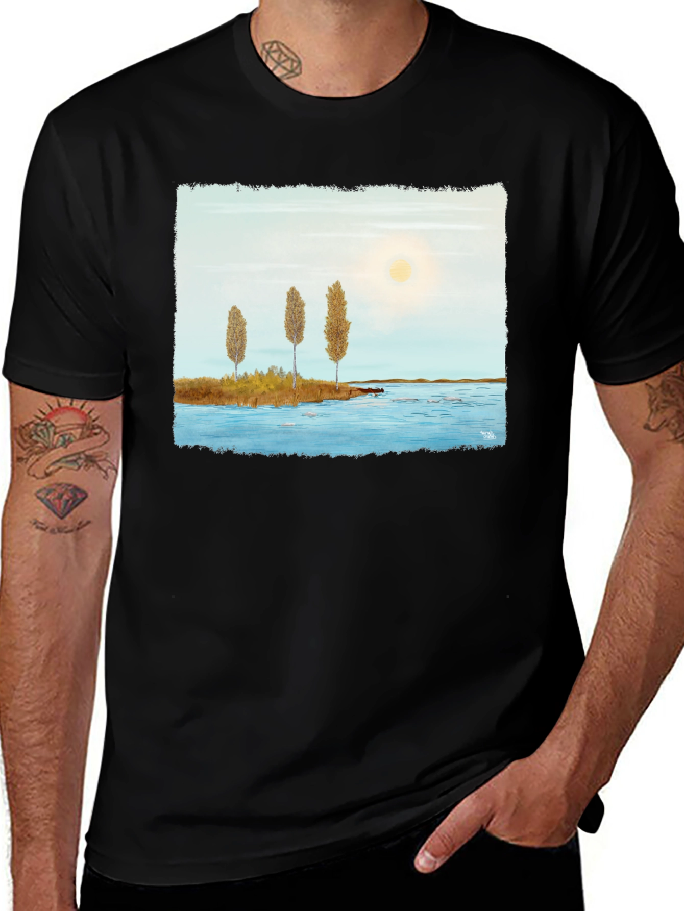 Variant 11 of Scenic Lake Print Black T-Shirt