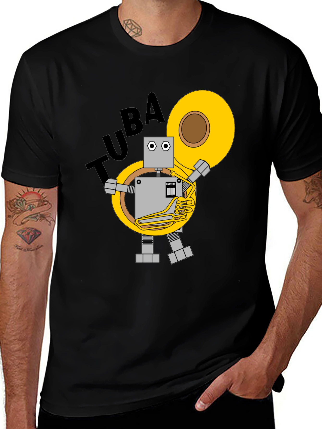 Variant 12 of Robot Tuba Player Graphic T-Shirt - Black