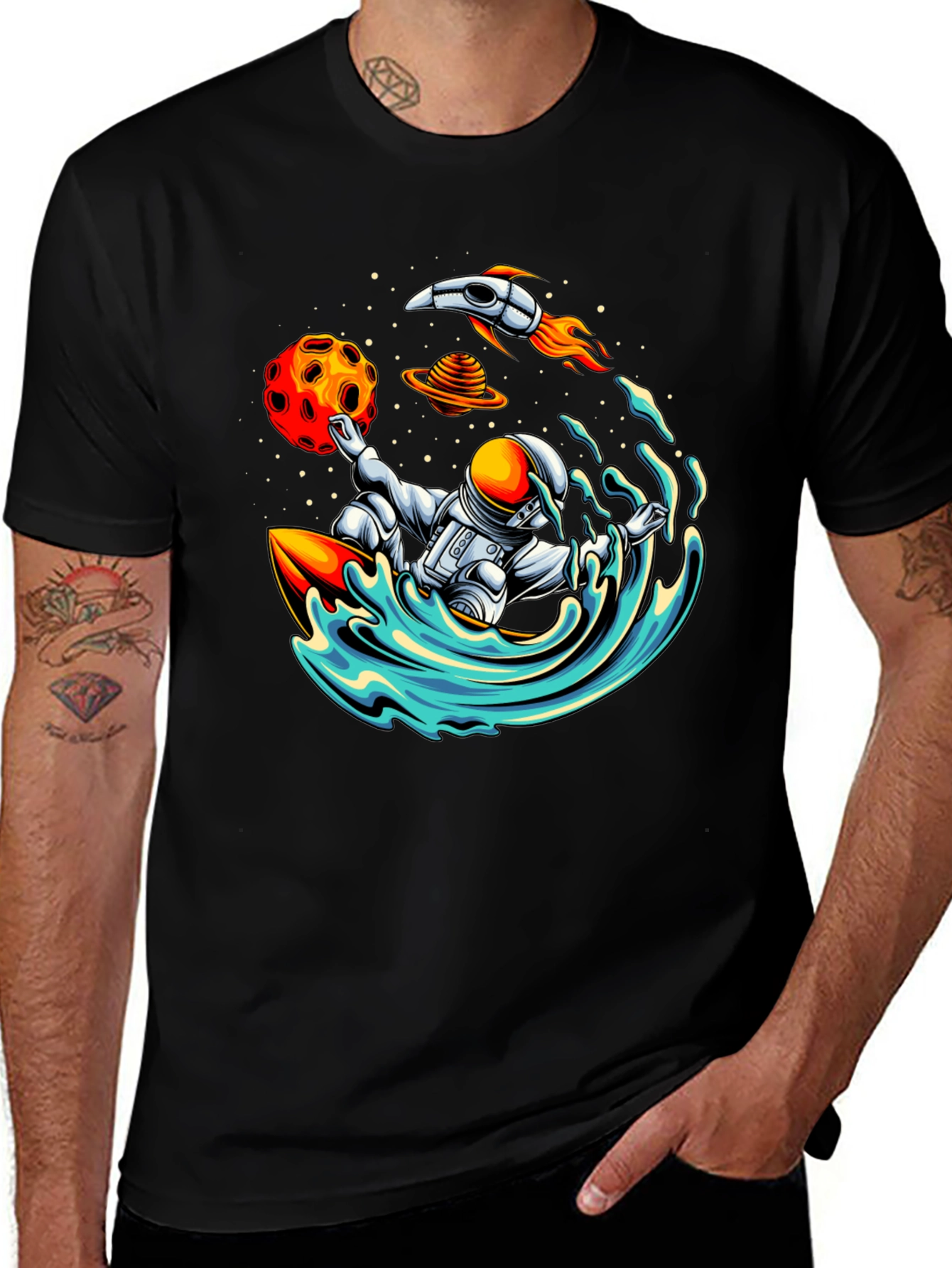 Astronaut Surfing T-Shirt - Space Wave Rider Graphic Tee