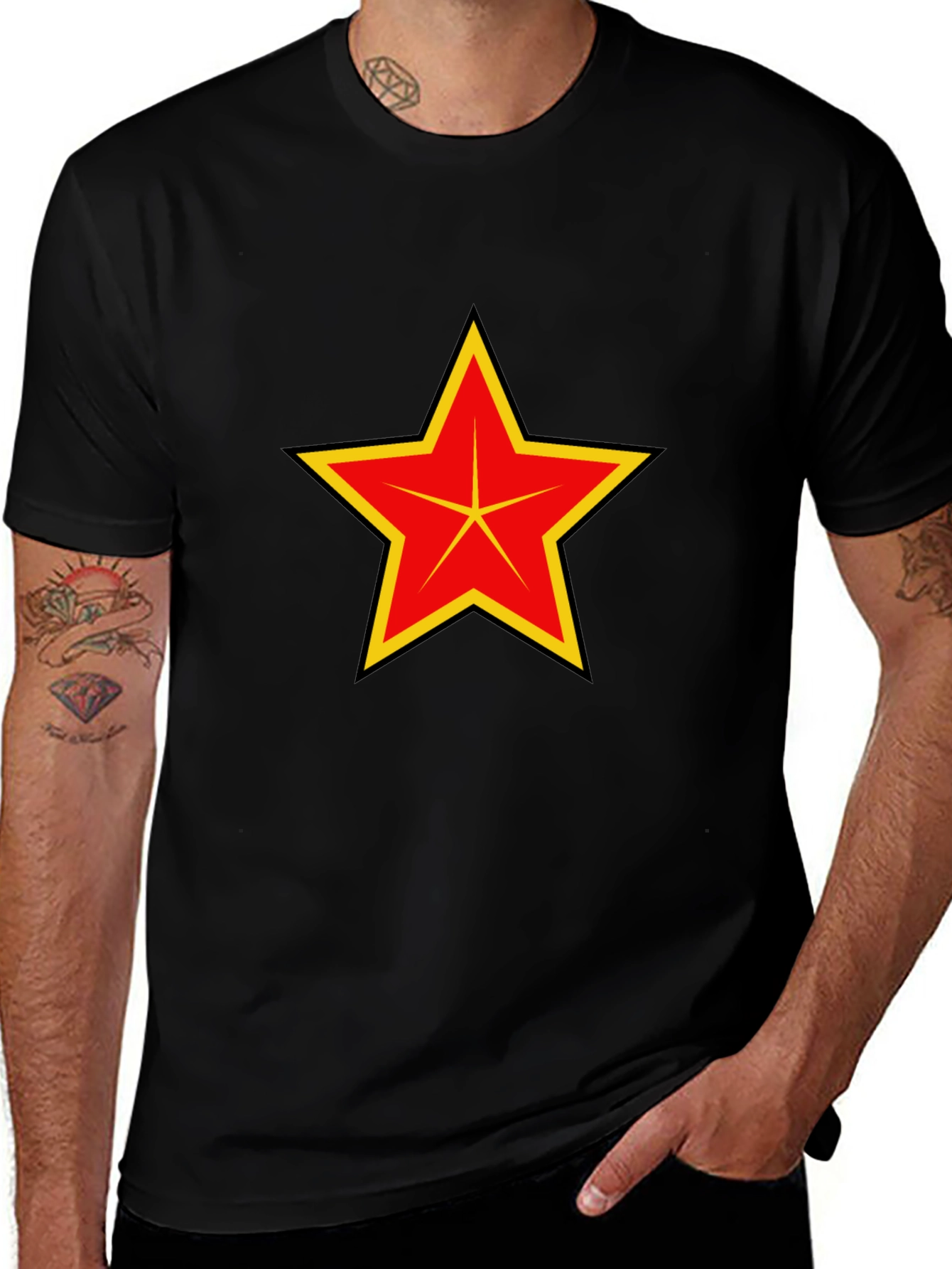 Variant 20 of Red & Yellow Star Graphic Black T-Shirt